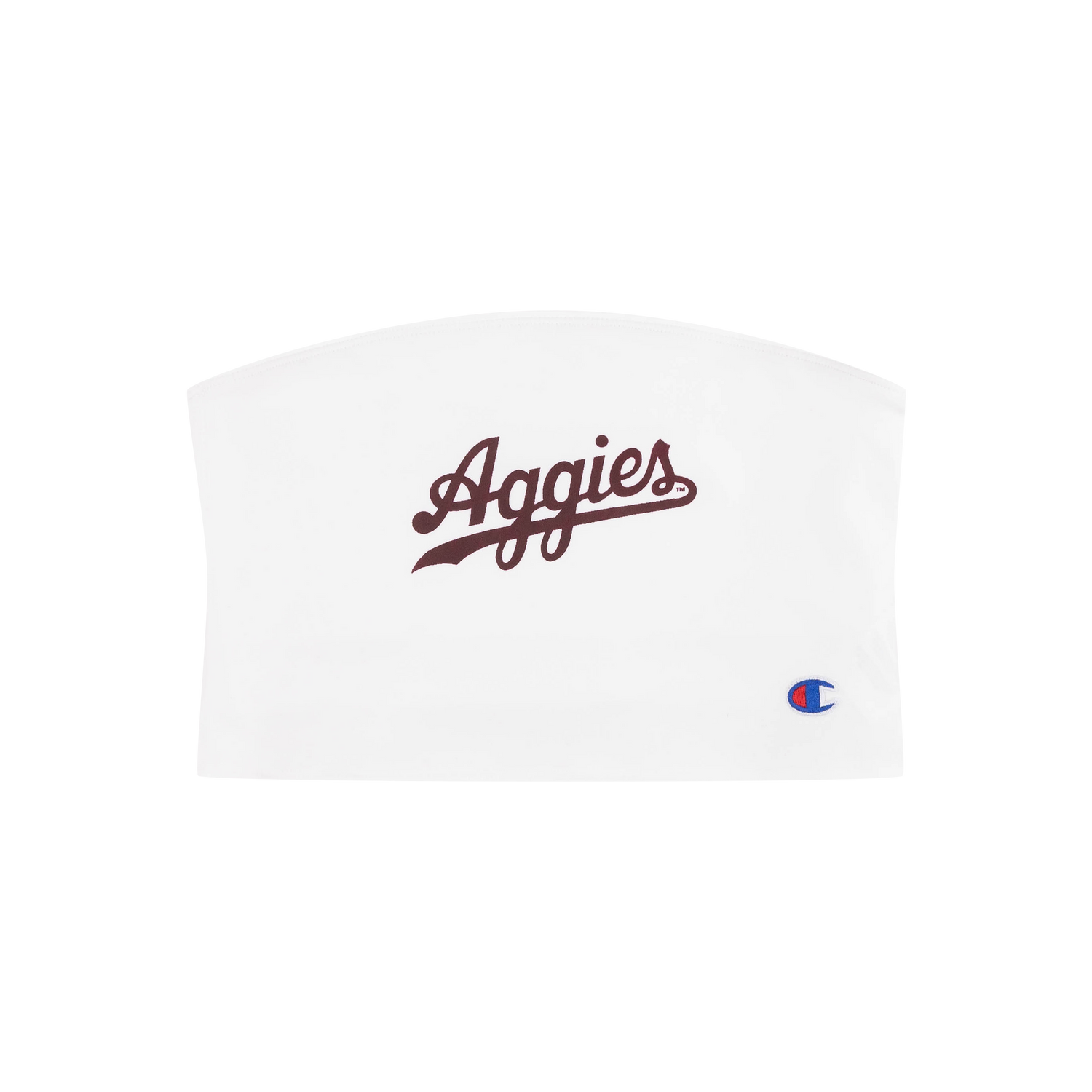 White tube top with 'Aggies' text and Champion logo 