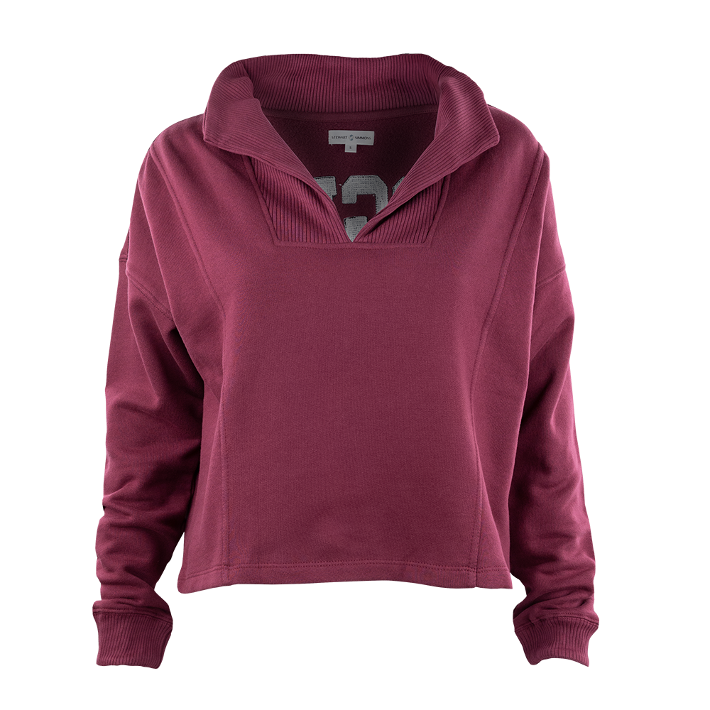Maroon collared sweatshirt.