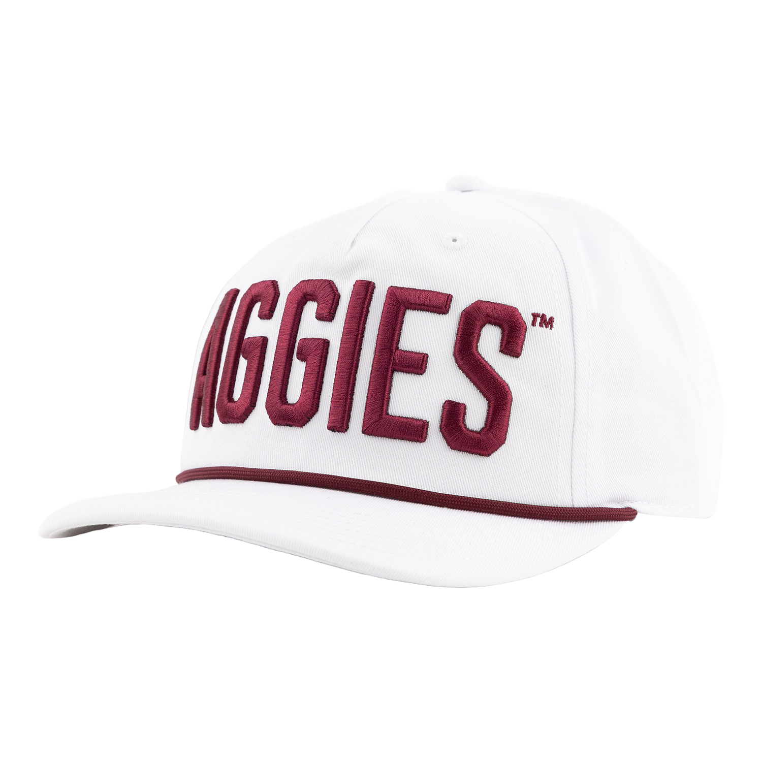 White Texas A&M cap with maroon embroidered “AGGIES” lettering and maroon trim along the brim.
