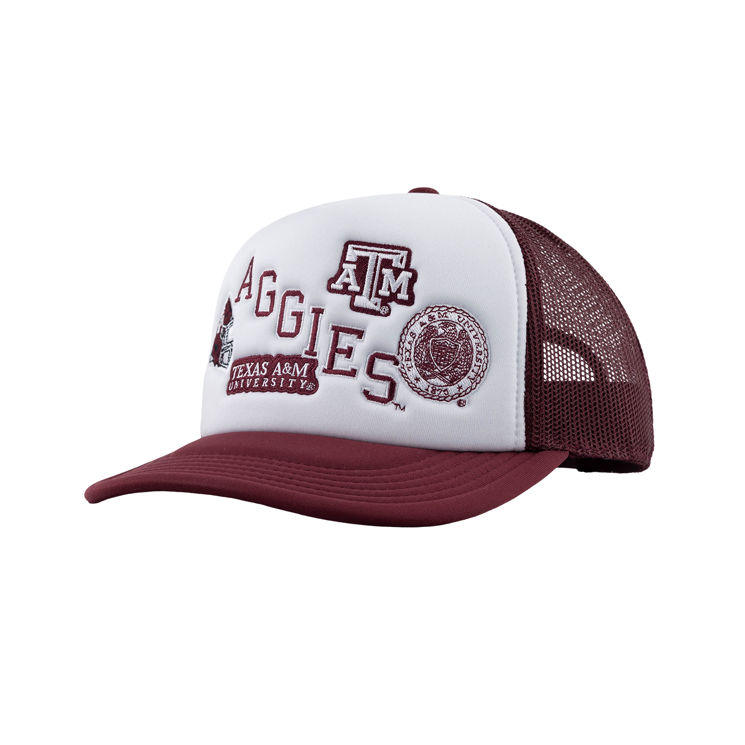 A maroon and white Texas A&M University trucker hat with embroidered lettering and logos on the front panel, shown against a plain white background.