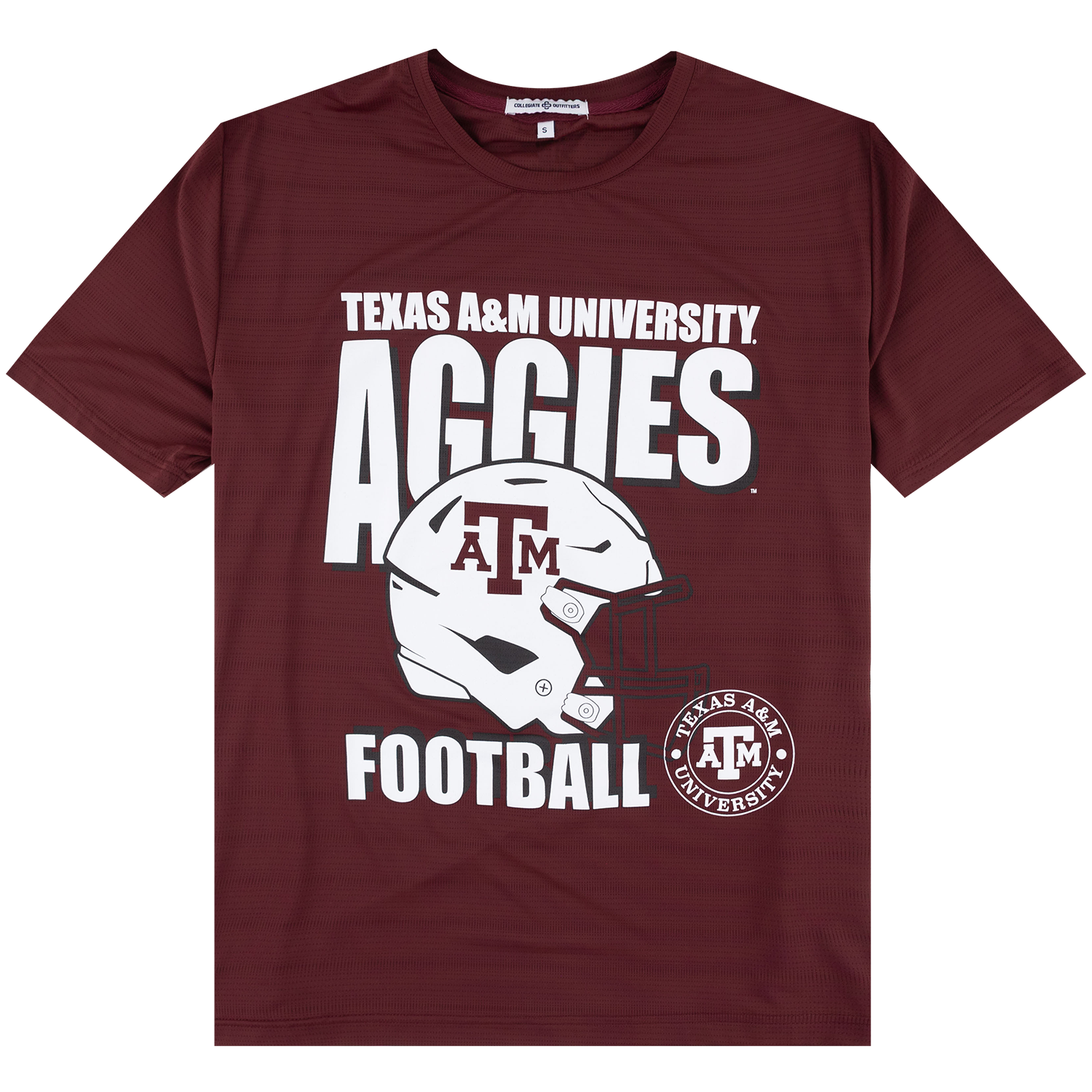 A maroon short-sleeve t-shirt featuring white text that reads "TEXAS A&M UNIVERSITY AGGIES FOOTBALL" alongside a football helmet graphic and the university seal.   