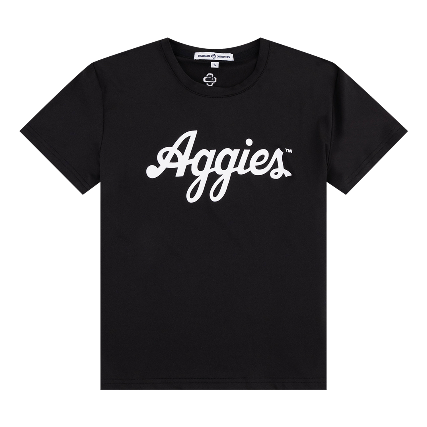 Black t-shirt with script white Aggies lettering