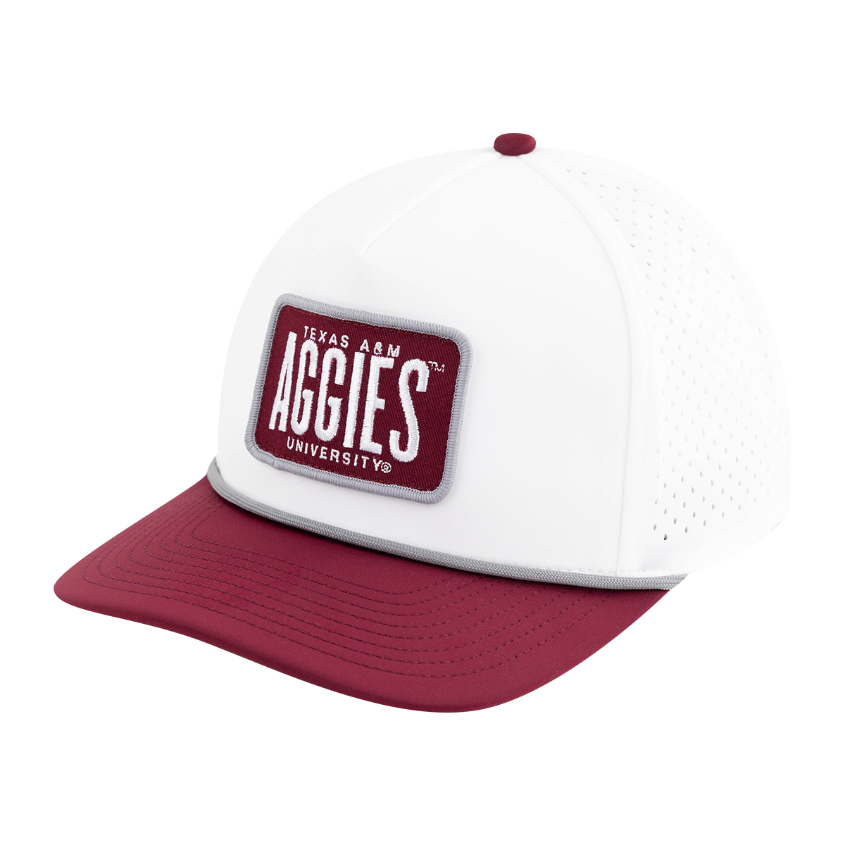 White hat with maroon bill and square patch
