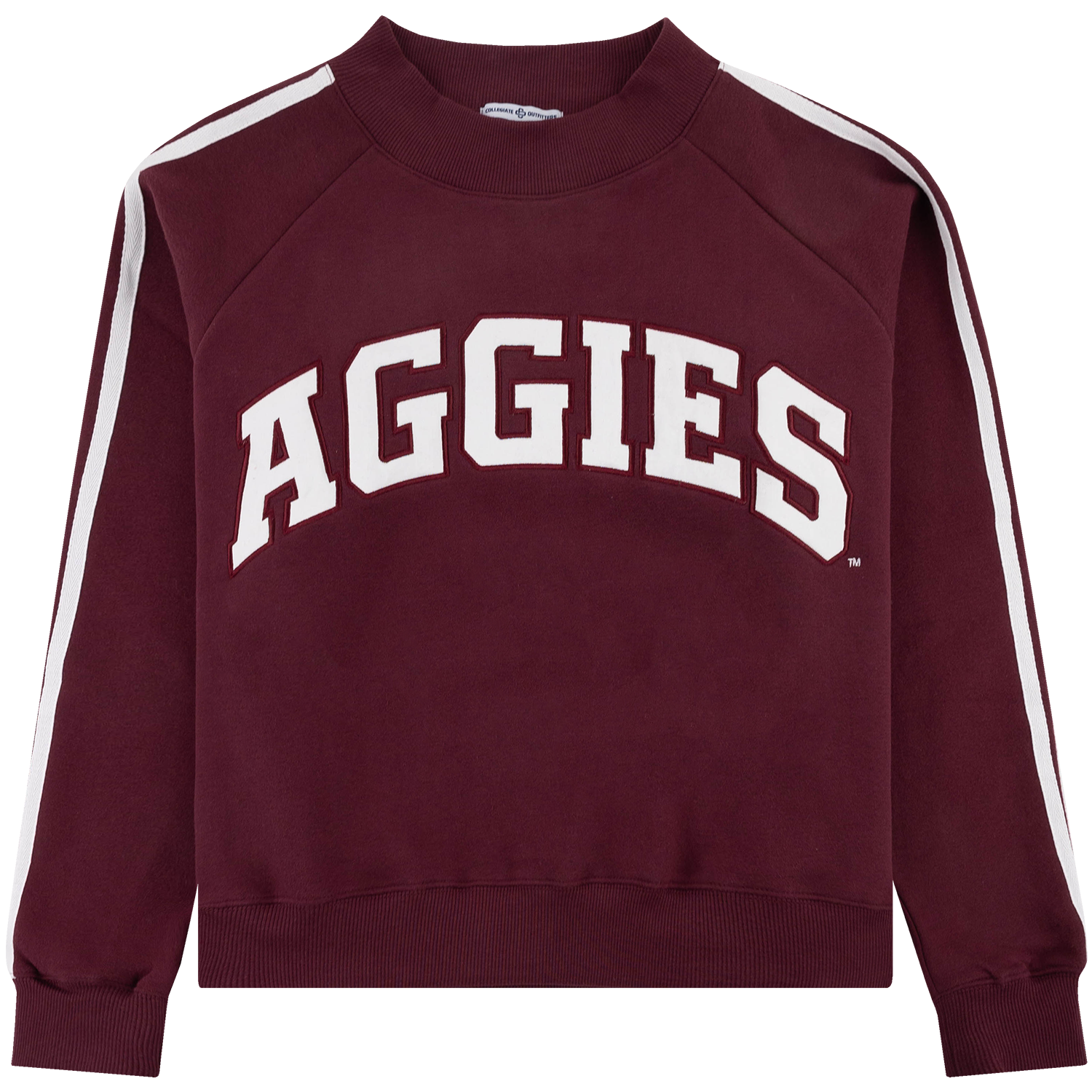 Collegiate Outfitters Texas A&M Aggies sweatshirt in maroon featuring large white arched AGGIES lettering on the front, white stripes along the sleeves, and ribbed cuffs, collar, and hem.