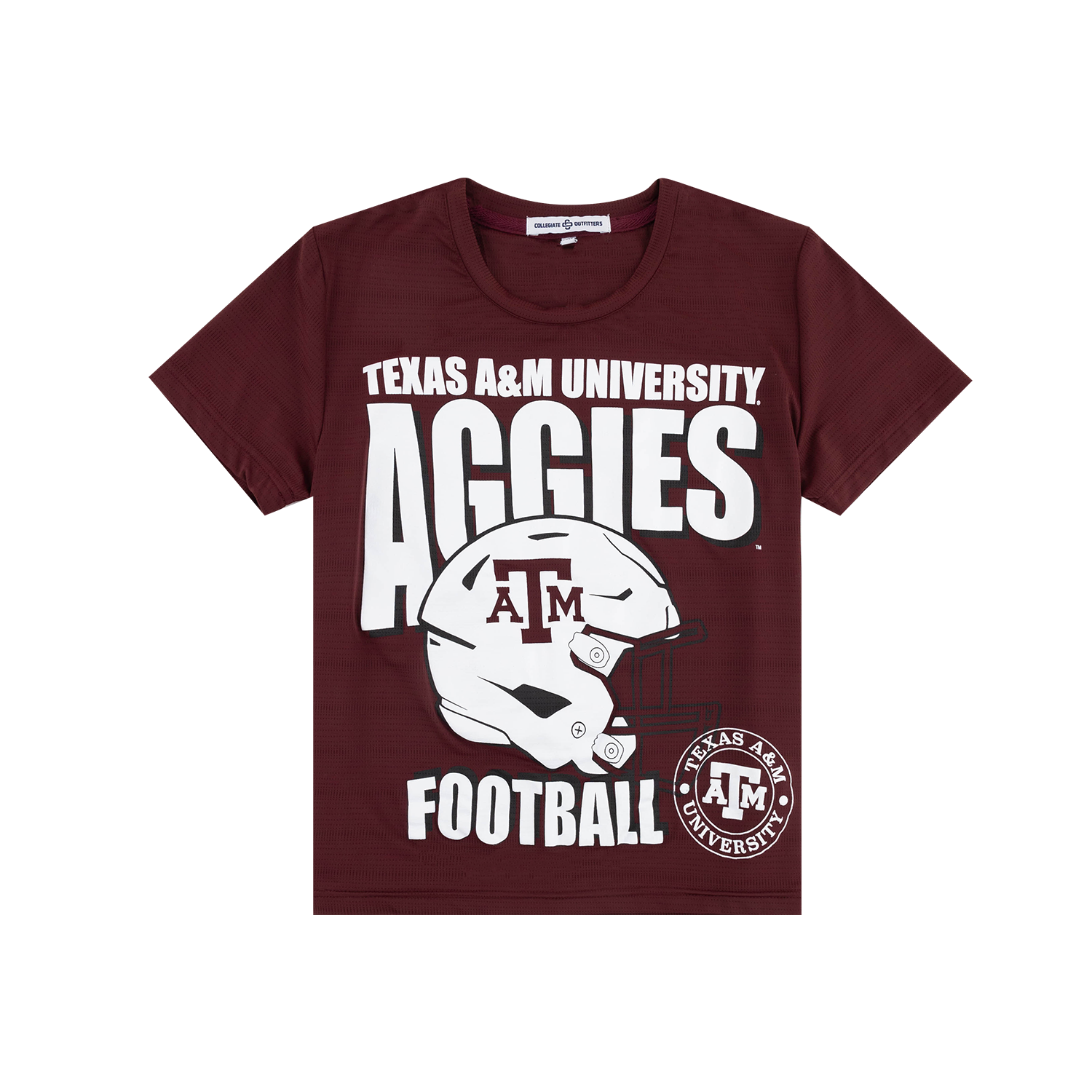 A youth-sized maroon short-sleeve t-shirt featuring white text reading "TEXAS A&M UNIVERSITY AGGIES FOOTBALL" with a football helmet graphic and the university seal.   