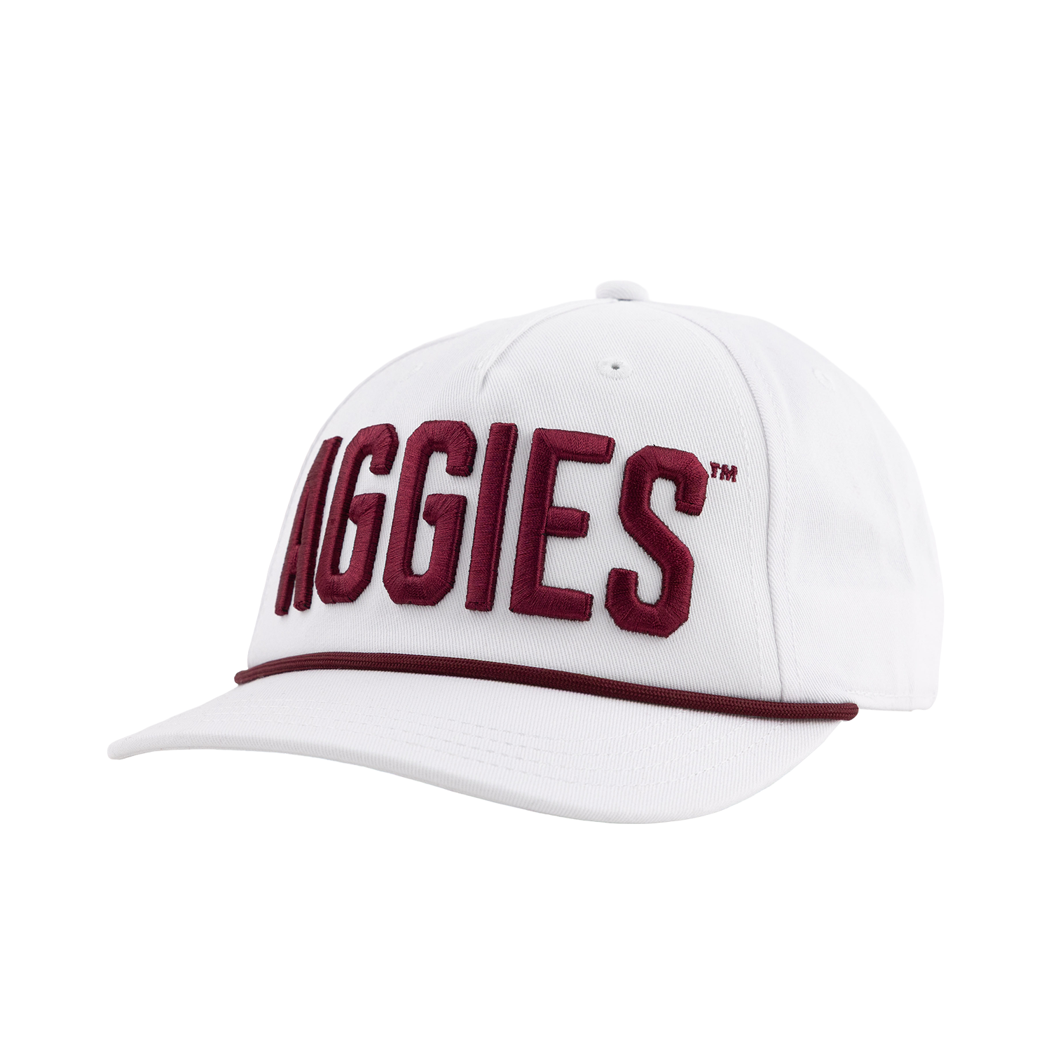 White Texas A&M hat featuring a raised maroon “Aggies” wordmark and maroon rope detail along the brim.
