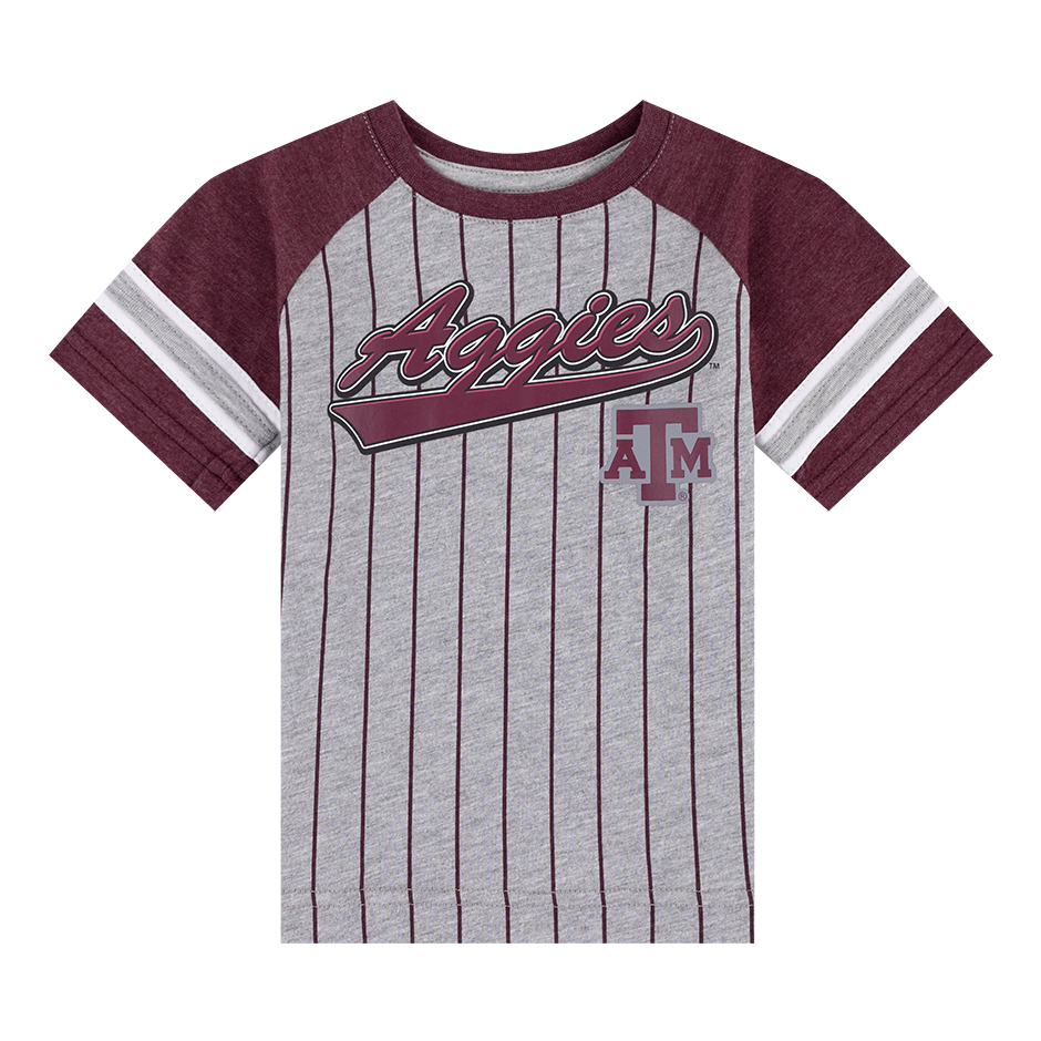 Grey T-Shirt with Maroon Accents/Stripes and Script Aggies logo on front