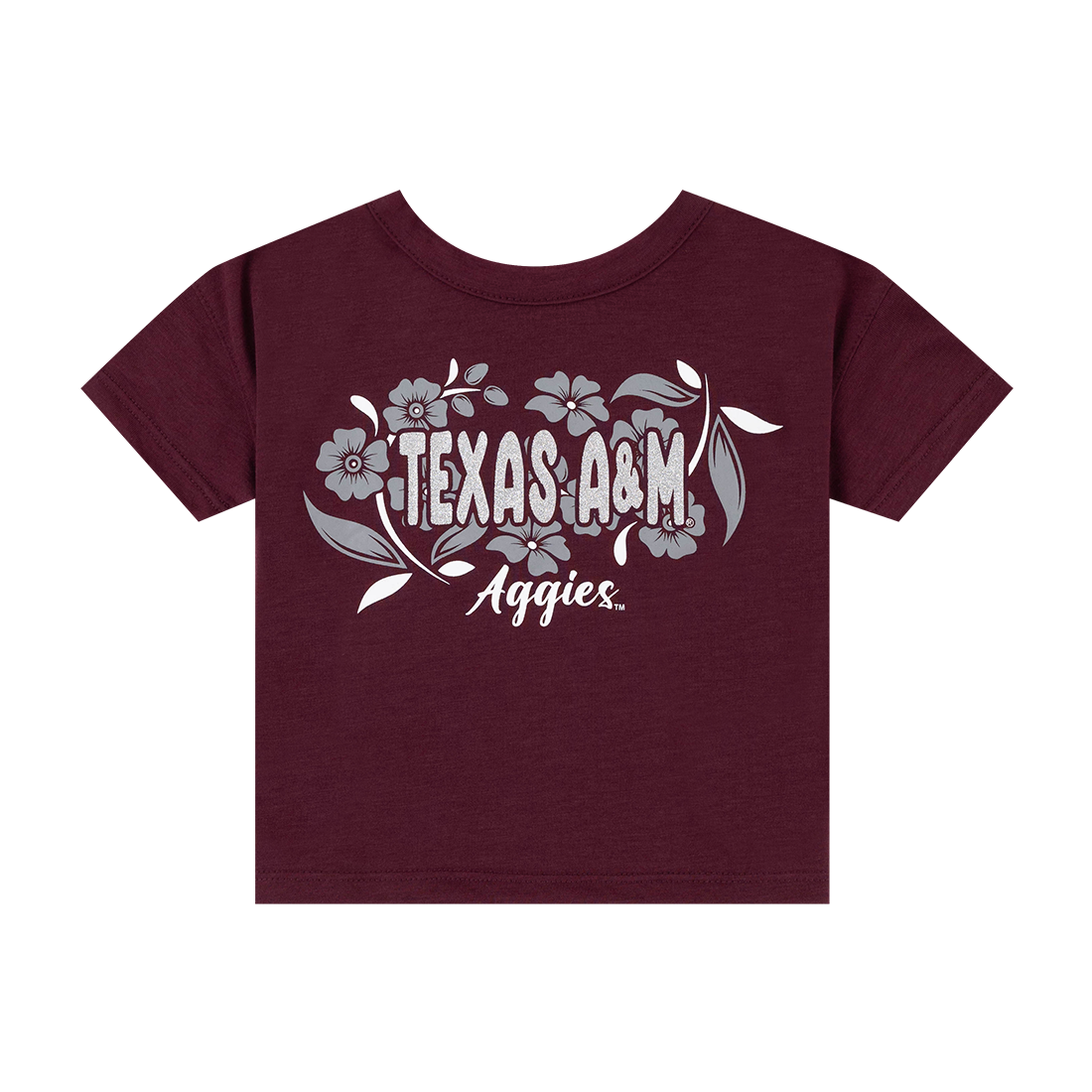 Maroon t-shirt with 'Texas A&M Aggies' text and floral design