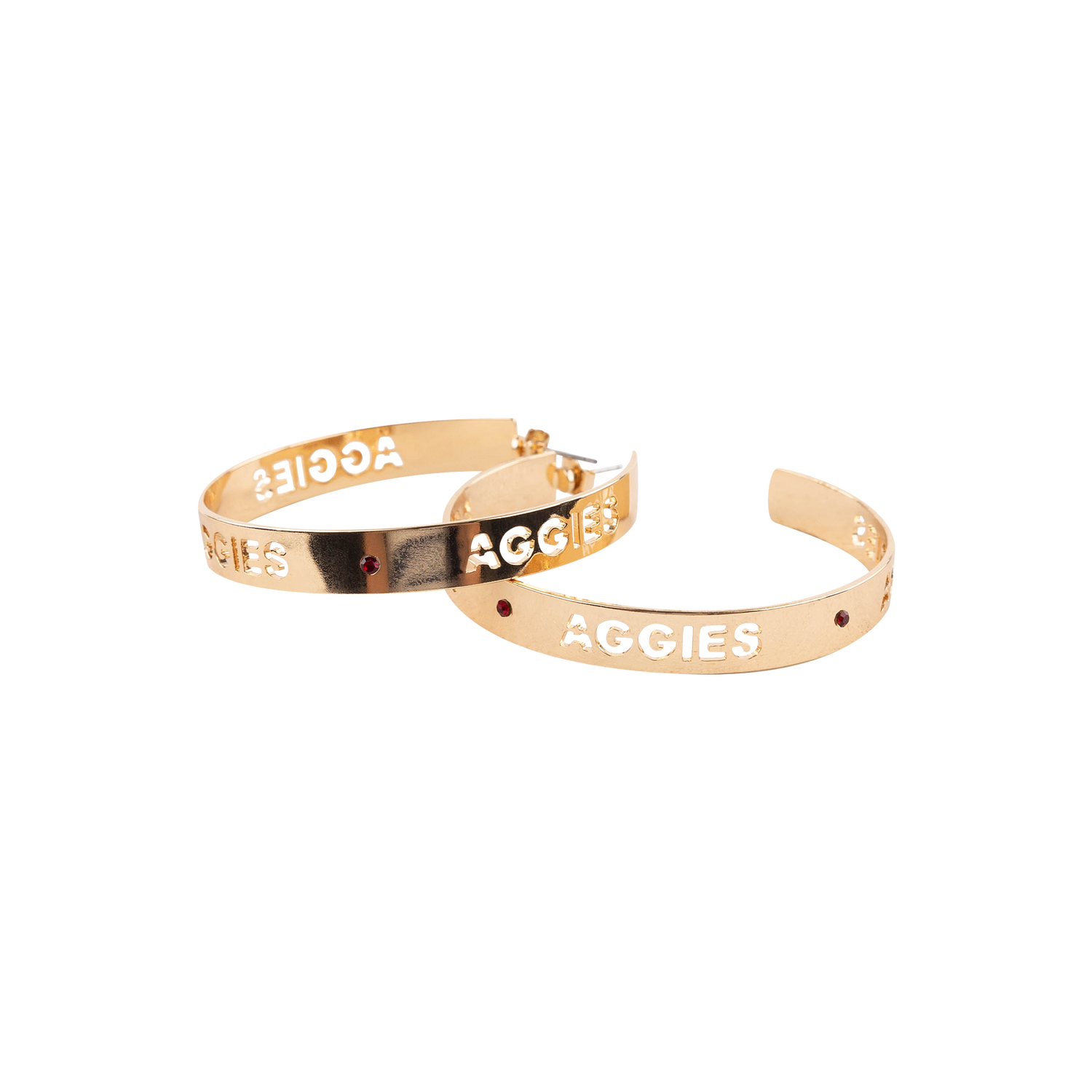 gold hoops with "Aggies" on them 