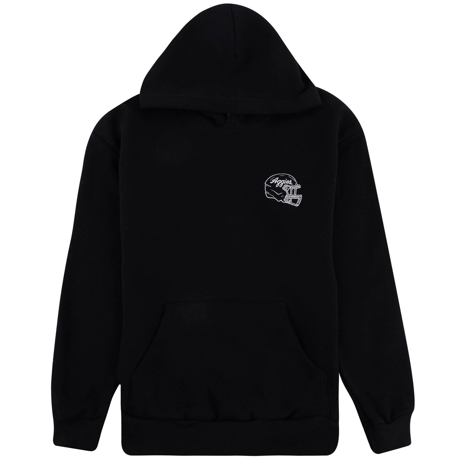 Black pullover hoodie with a front kangaroo pocket, drawstring hood, ribbed cuffs, and a small white Aggies football helmet graphic on the chest.
