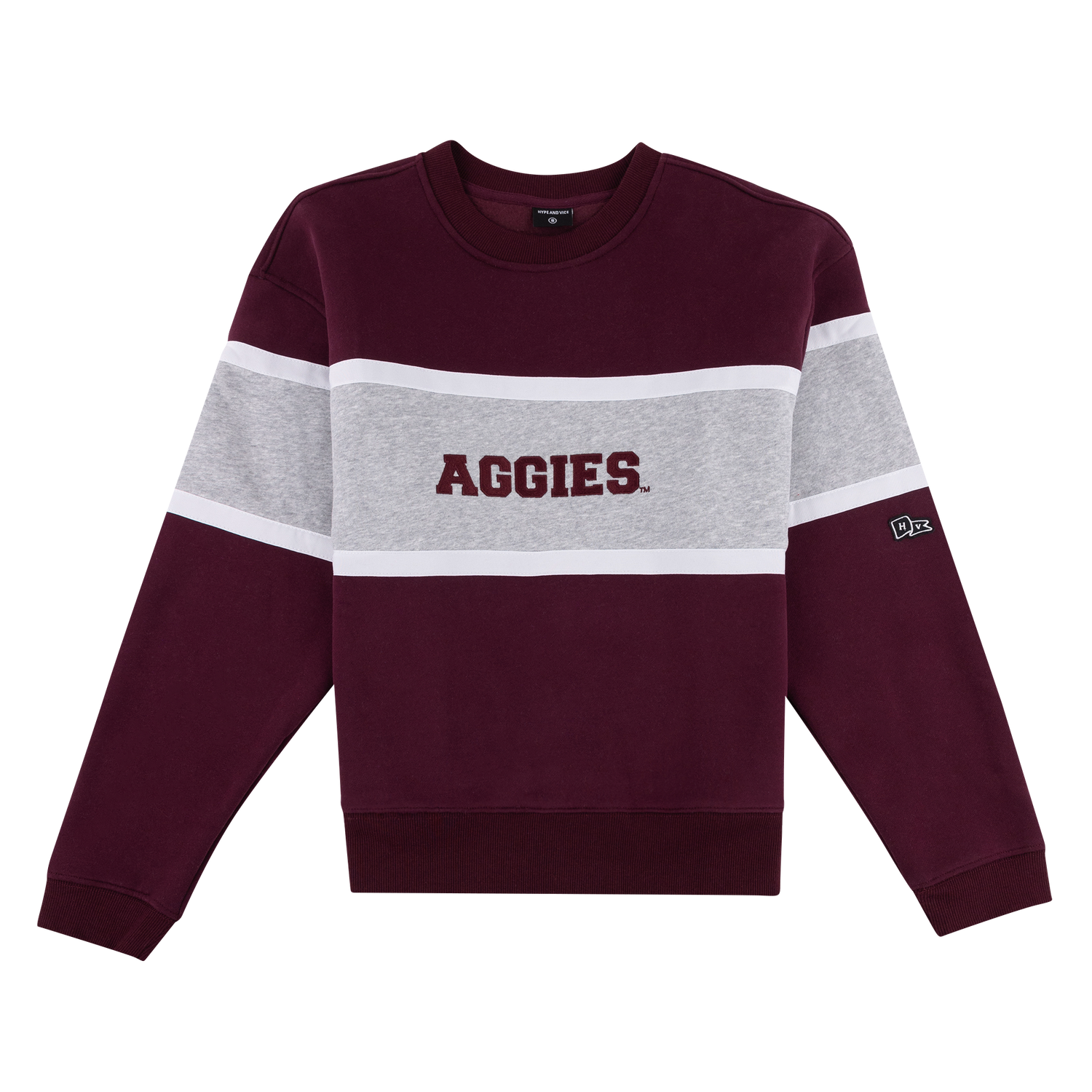 Maroon crewneck with gray strip that reads "AGGIES" in maroon