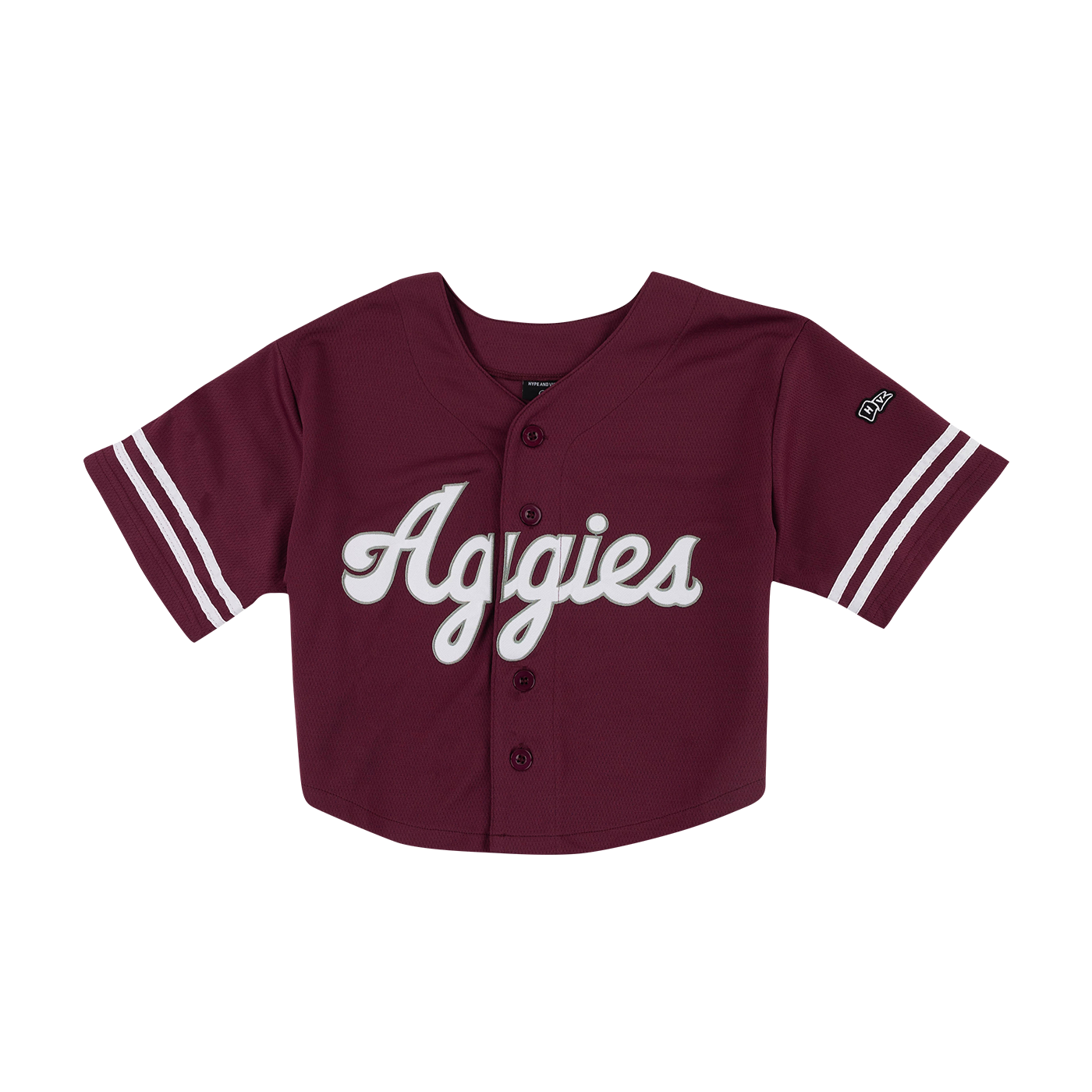 Maroon baseball jersey with 'Aggies' script in white