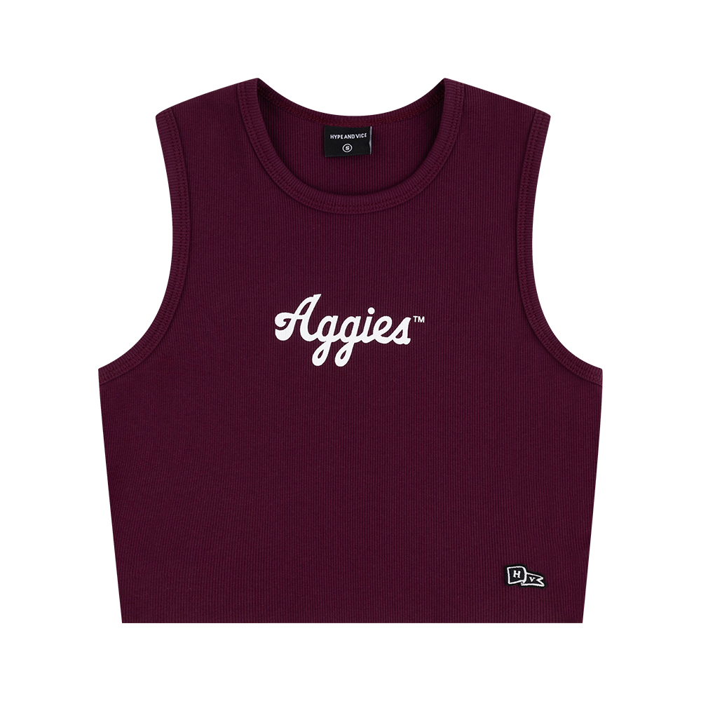 Maroon cropped tank tee with script Aggies in white
