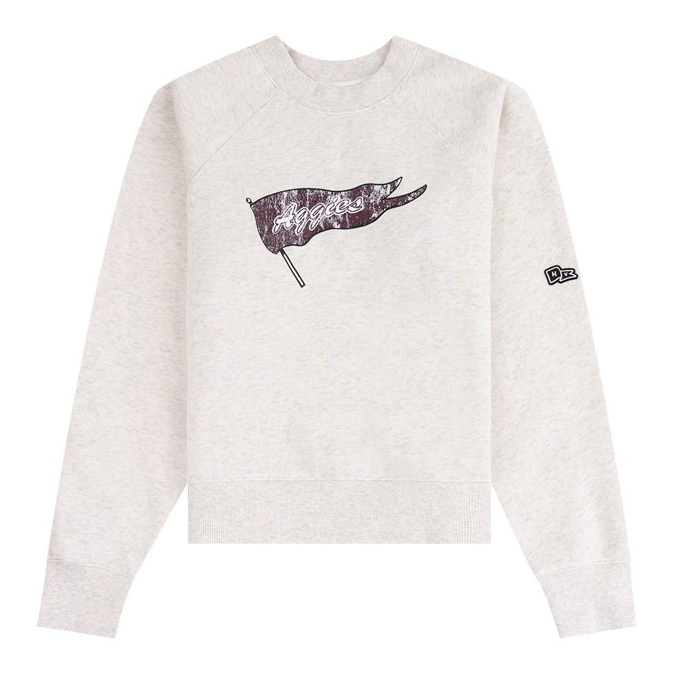 Cream sweatshirt with a maroon pennant with "Aggies" in script lettering