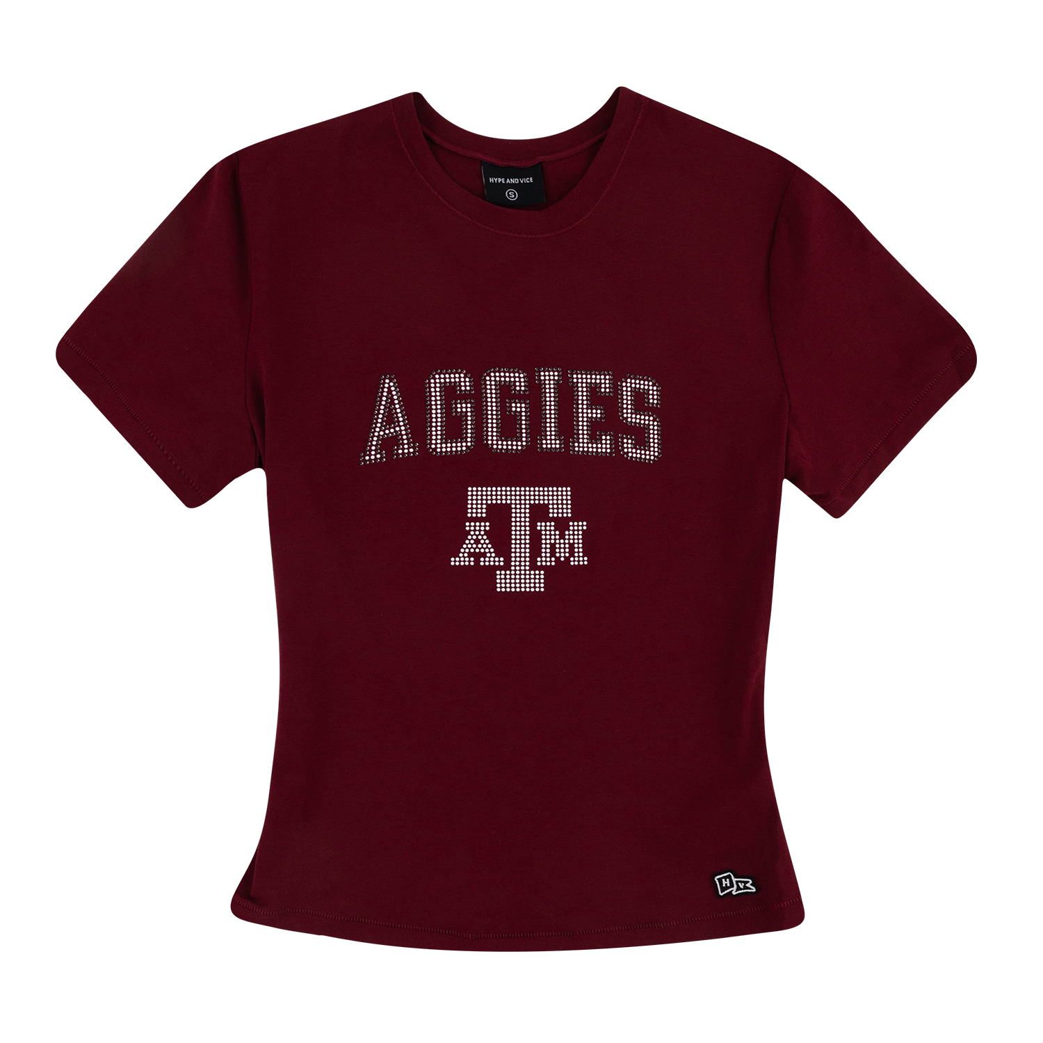 A women's short-sleeve fitted crewneck t-shirt in maroon, featuring 'AGGIES' and the 'A&M' Texas A&M logo outlined in rhinestones across the chest. A small Hype & Vice logo is visible on the bottom right hem.