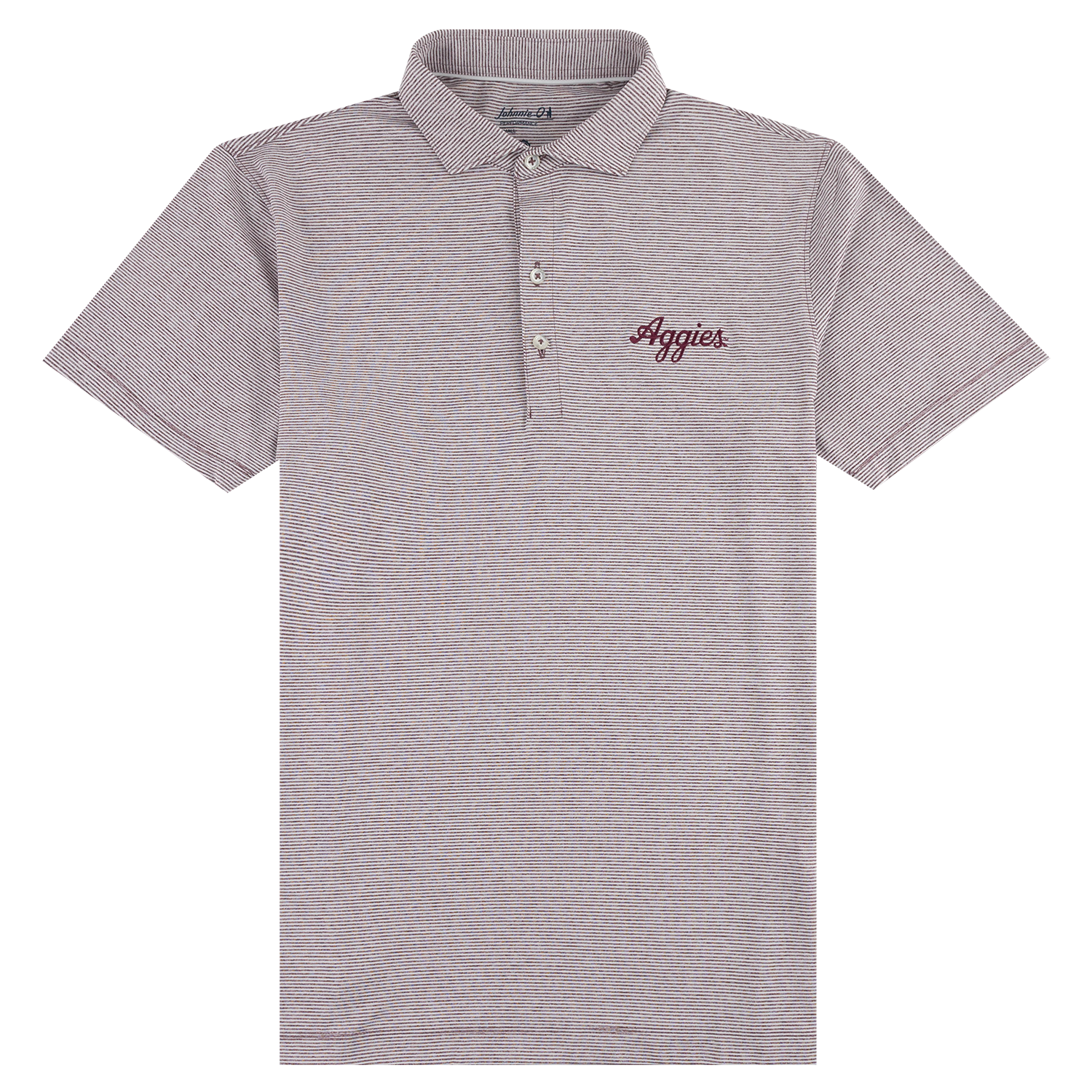 A short-sleeve polo shirt with a fine maroon and white stripe pattern, featuring a three-button placket and 'Aggies' embroidered in maroon on the left chest, shown against a plain white background.