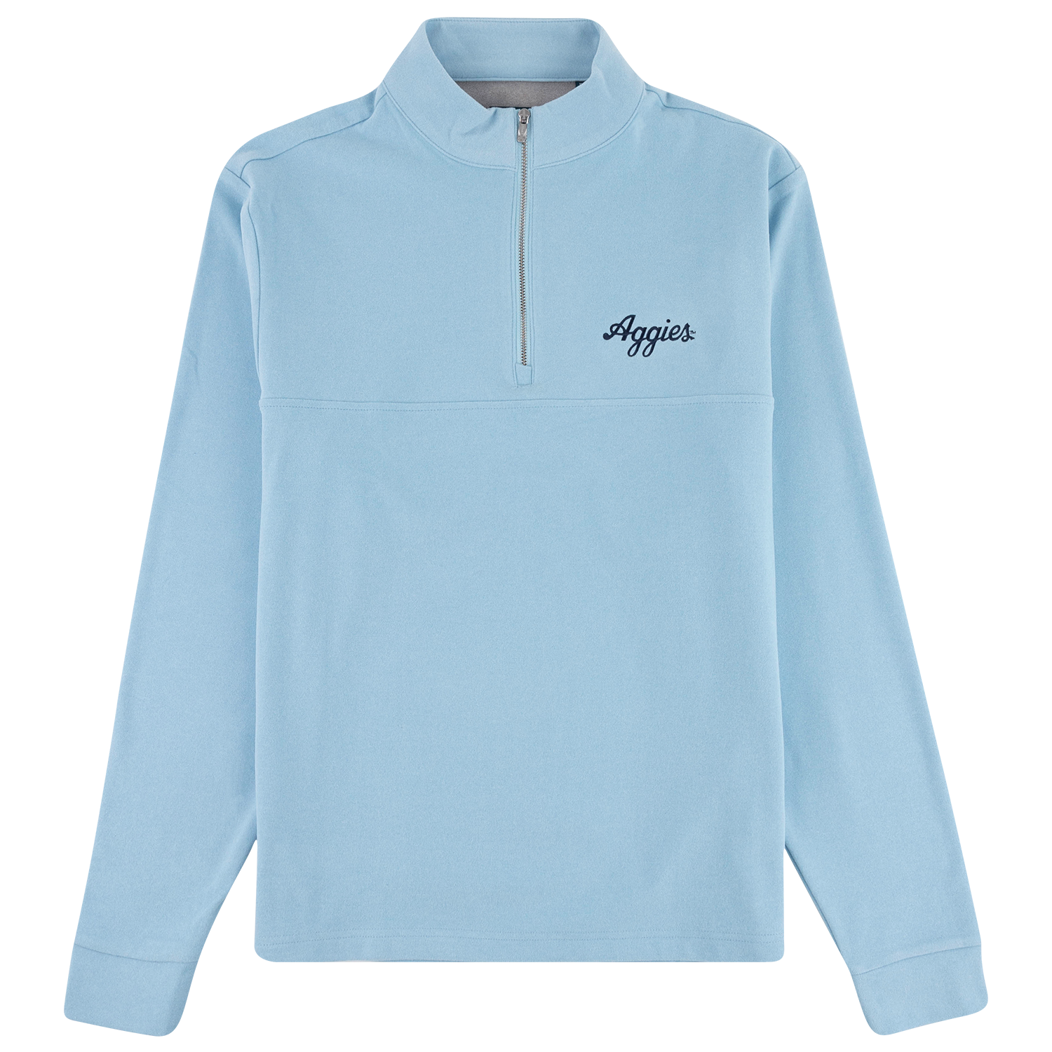 Light blue Johnnie-O quarter-zip pullover featuring a stand-up collar, silver zipper, long sleeves, and navy “Aggies” script embroidery on the left chest.
