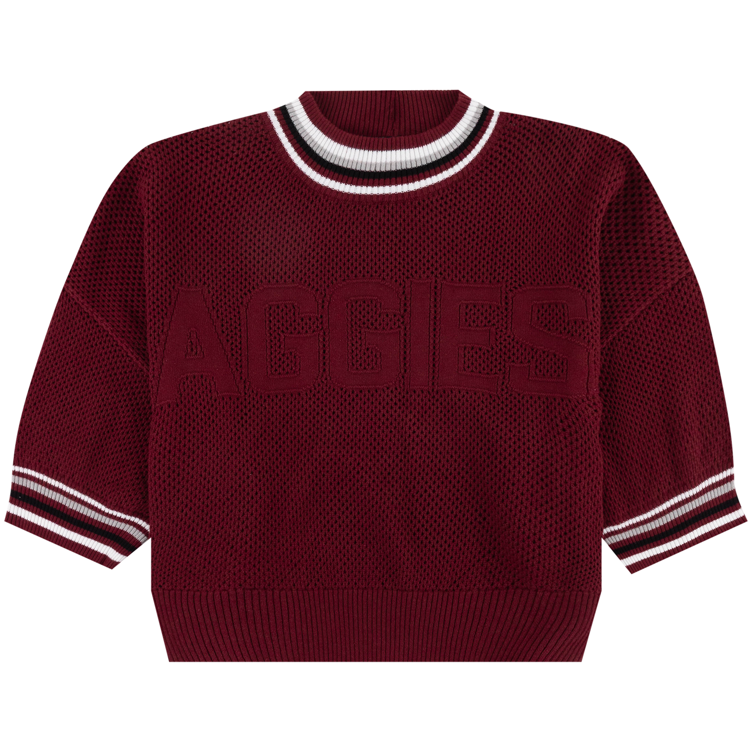 Maroon Texas A&M short-sleeve knit sweater featuring tonal “Aggies” lettering, a crew neckline, and white and black striped ribbed trim.