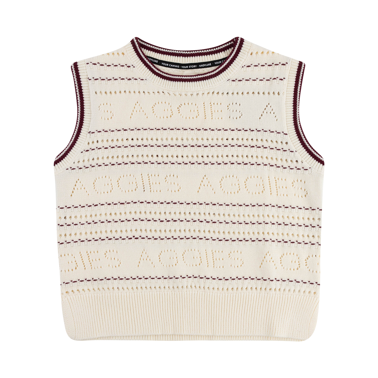 Cream knit Texas A&M sweater vest with maroon trim and subtle allover Aggies lettering pattern.
