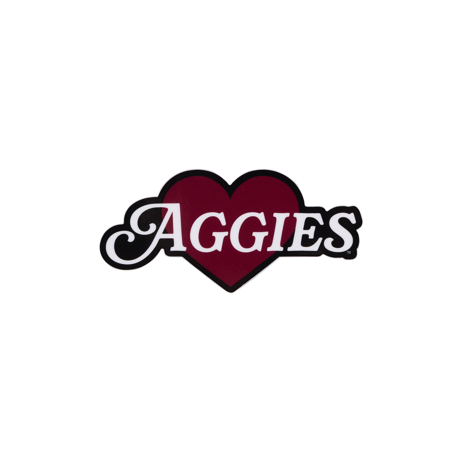 A heart-shaped patch with the word 'AGGIES' in white cursive lettering outlined in black, set against a solid white background.