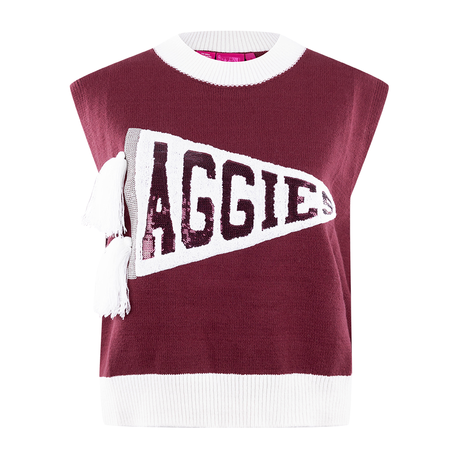 Maroon short sleeved sweater vest with AGGIES in bold lettering.