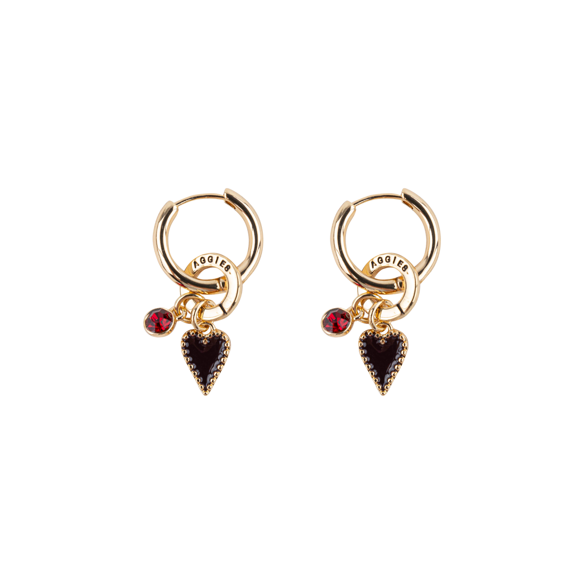 A pair of gold hoop earrings with dangling heart charms and small maroon gemstone accents, shown on a plain white background. 'AGGIES' is engraved on the hoops.