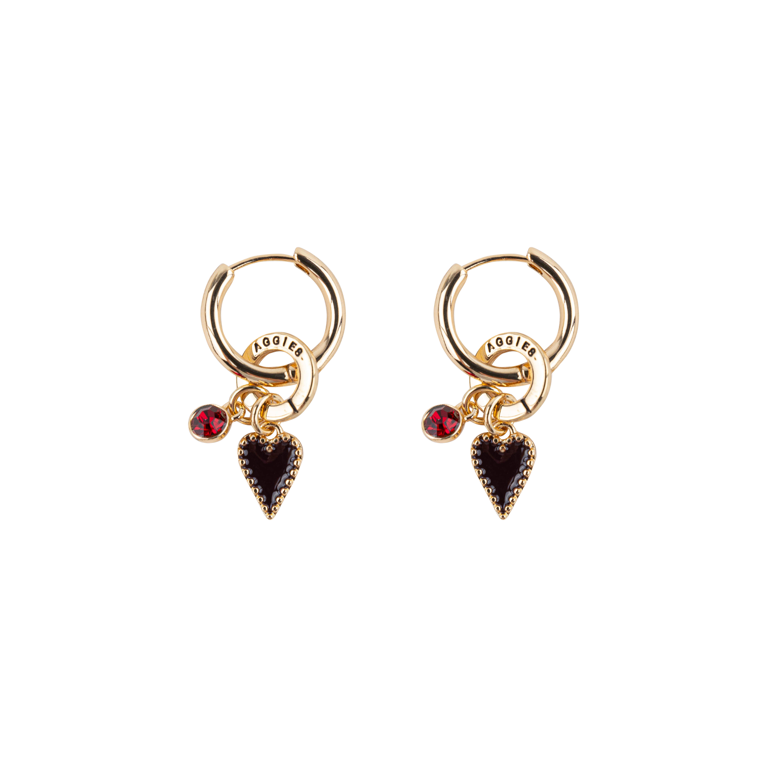 A pair of gold hoop earrings with dangling heart charms and small maroon gemstone accents, shown on a plain white background. 'AGGIES' is engraved on the hoops.