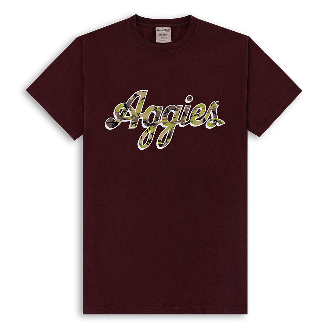 Maroon t-shirt with "Aggies" in script lettering with a camo coloring filling the letters.