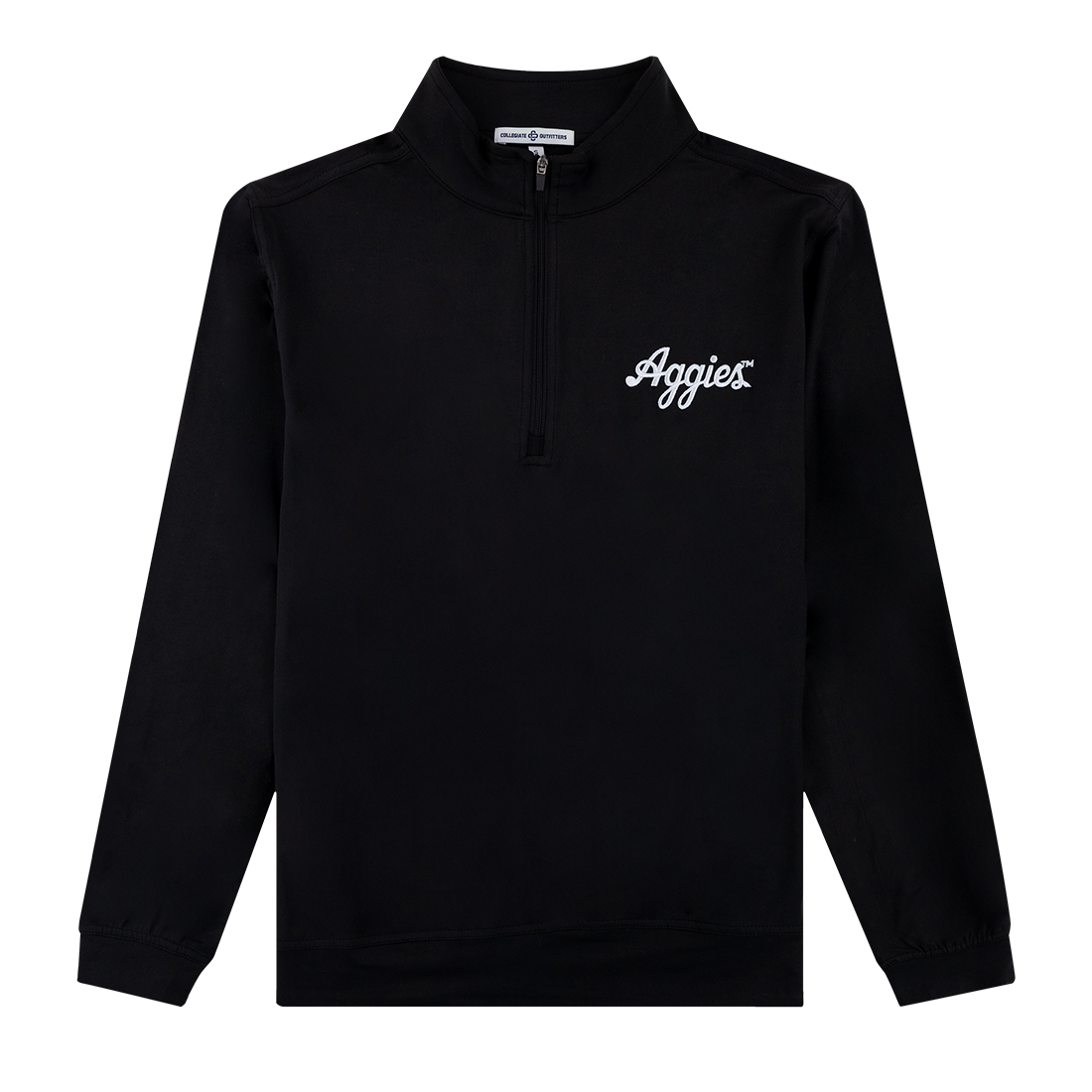 Black long sleeve quarter zip with Aggies embroidered in script on the upper left chest.