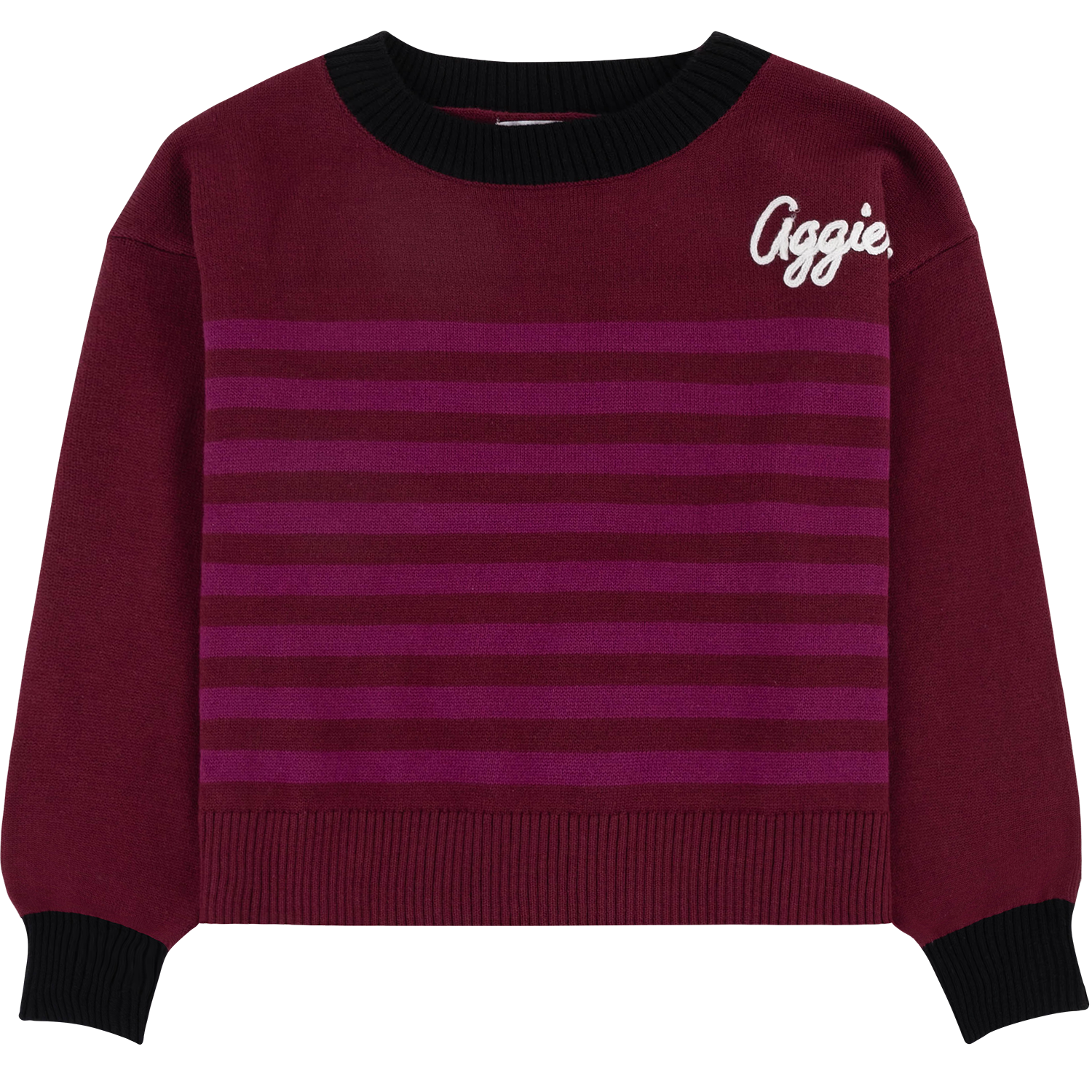 Product photo of a burgundy knit crew-neck sweater with a black ribbed collar and cuffs, magenta horizontal stripes across the chest, and "Aggie" embroidered in white cursive script on the upper right chest.