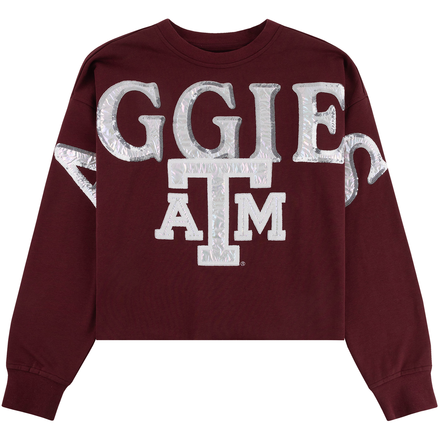 Maroon Texas A&M cropped sweatshirt featuring oversized iridescent “GIG’EM” and ATM lettering in white and silver.
