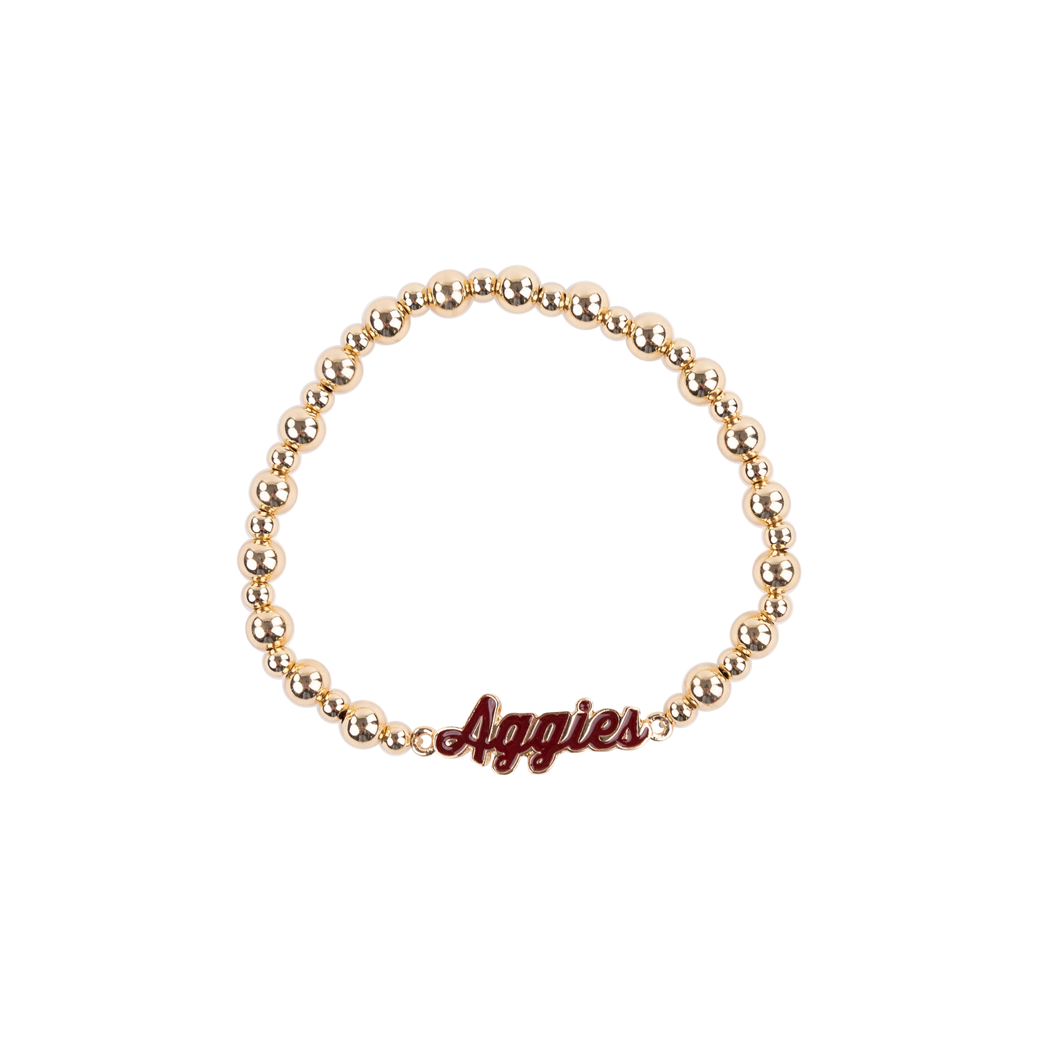 Bracelet with gold beads and 'Aggies' charm in maroon