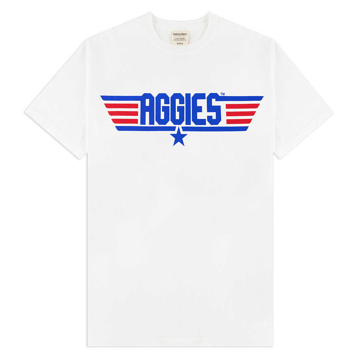White t-shirt with 'AGGIES' logo featuring wings and a star.