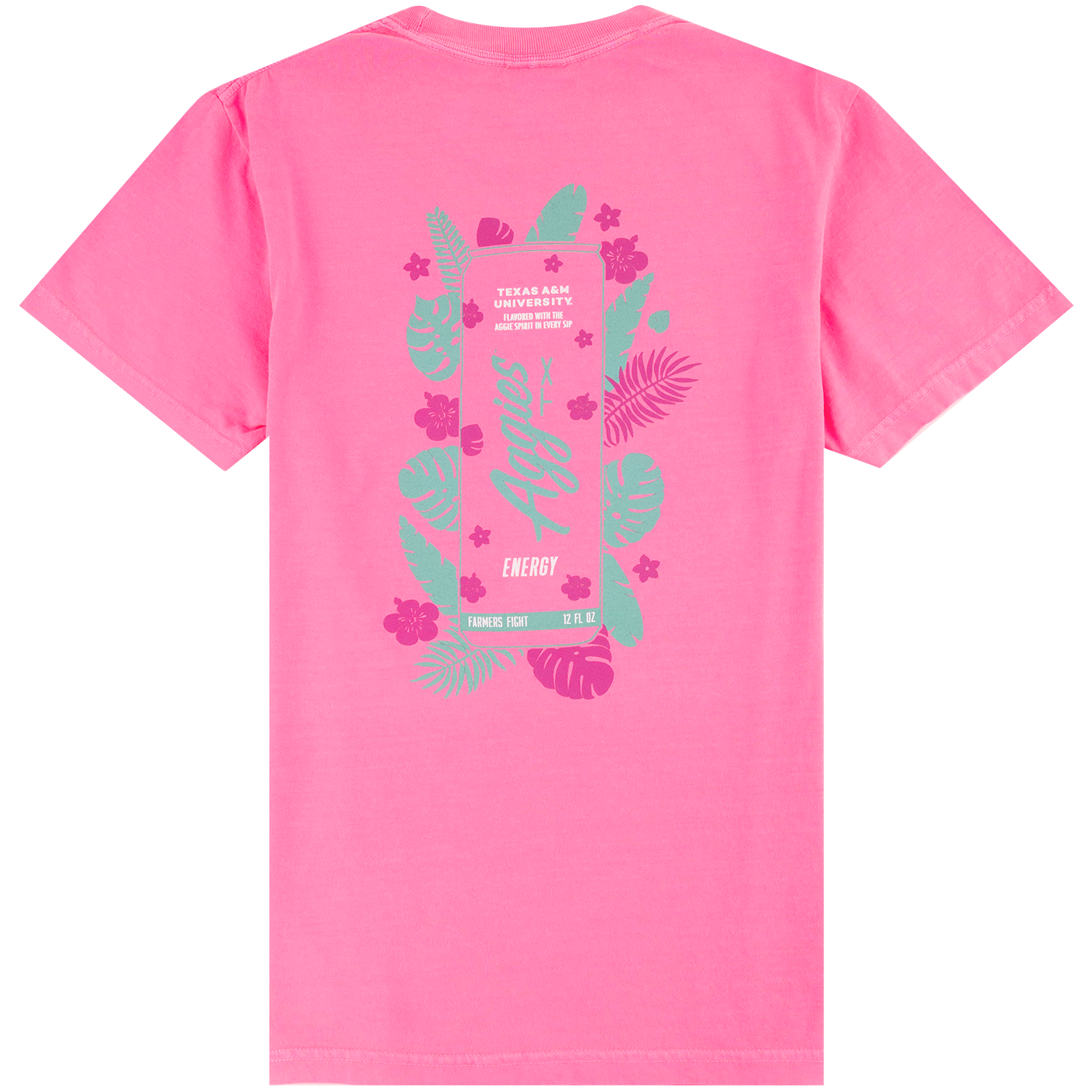 A bright pink short-sleeve t-shirt shown from the back, featuring a large graphic print with teal and magenta tropical leaves, flowers, and text reading 'Texas A&M University Aggies'.