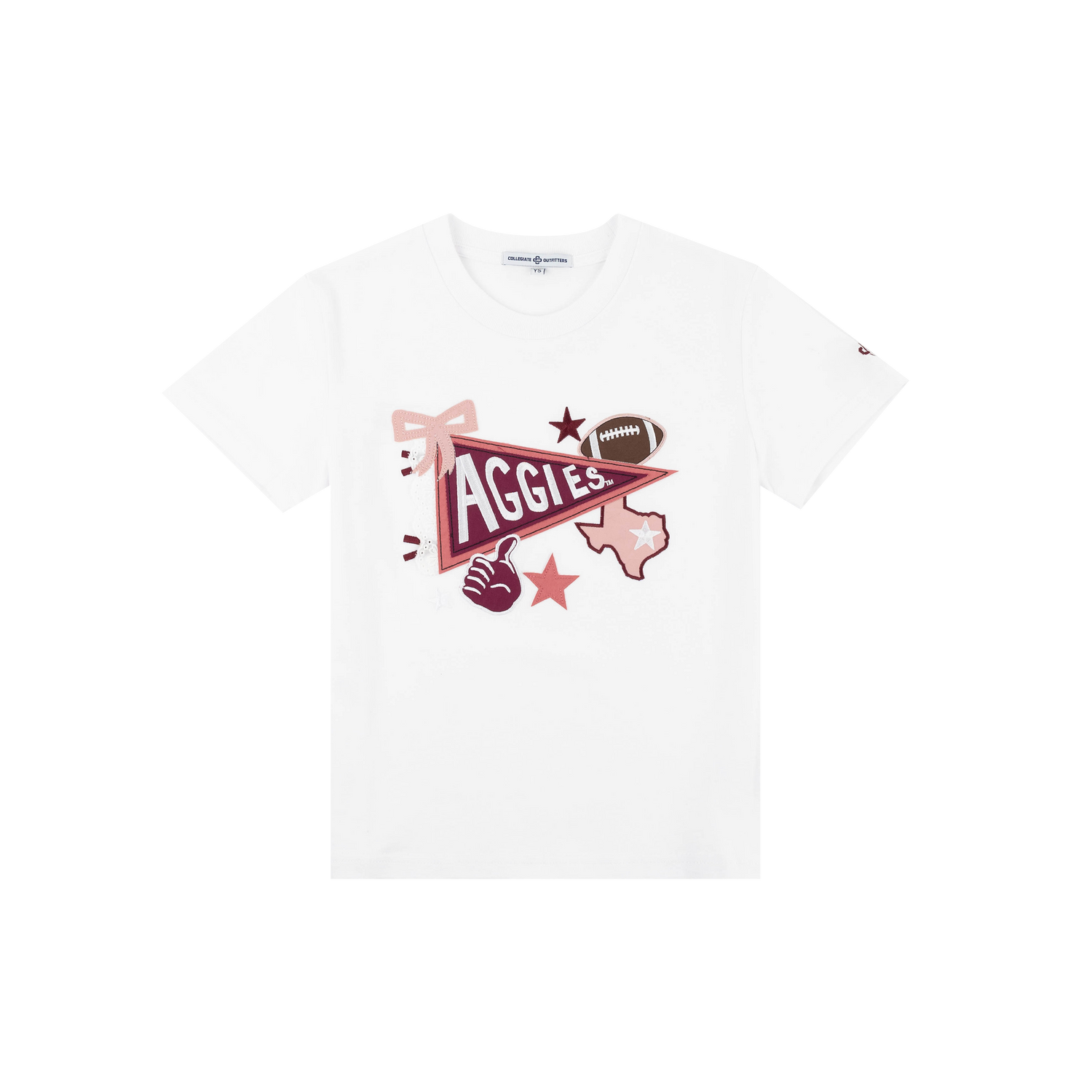 White T-shirt with a maroon and pink pennant with "Aggies" in it in white.