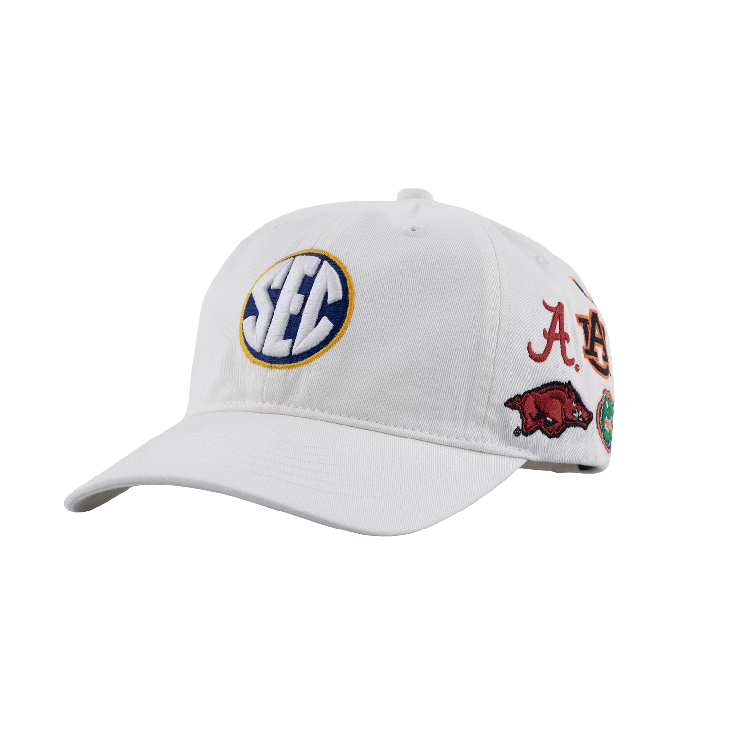 White adjustable baseball cap featuring a blue, white, and gold circular patch on the front and multiple colorful collegiate-style patches along the side.