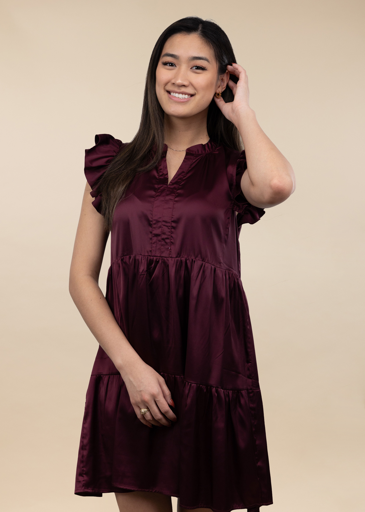 Ruffle Sleeved Silky Dress