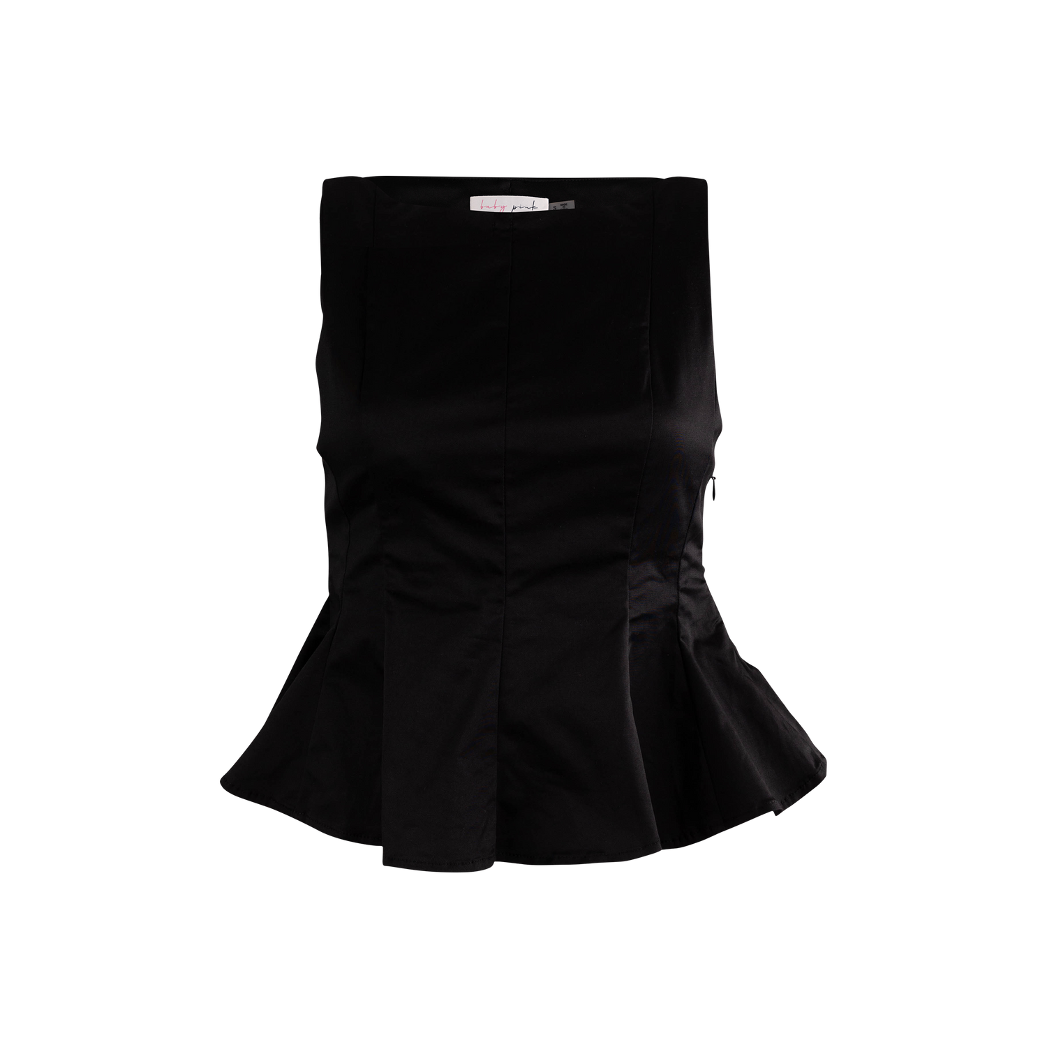 Black sleeveless top with boat neckline and flared waist