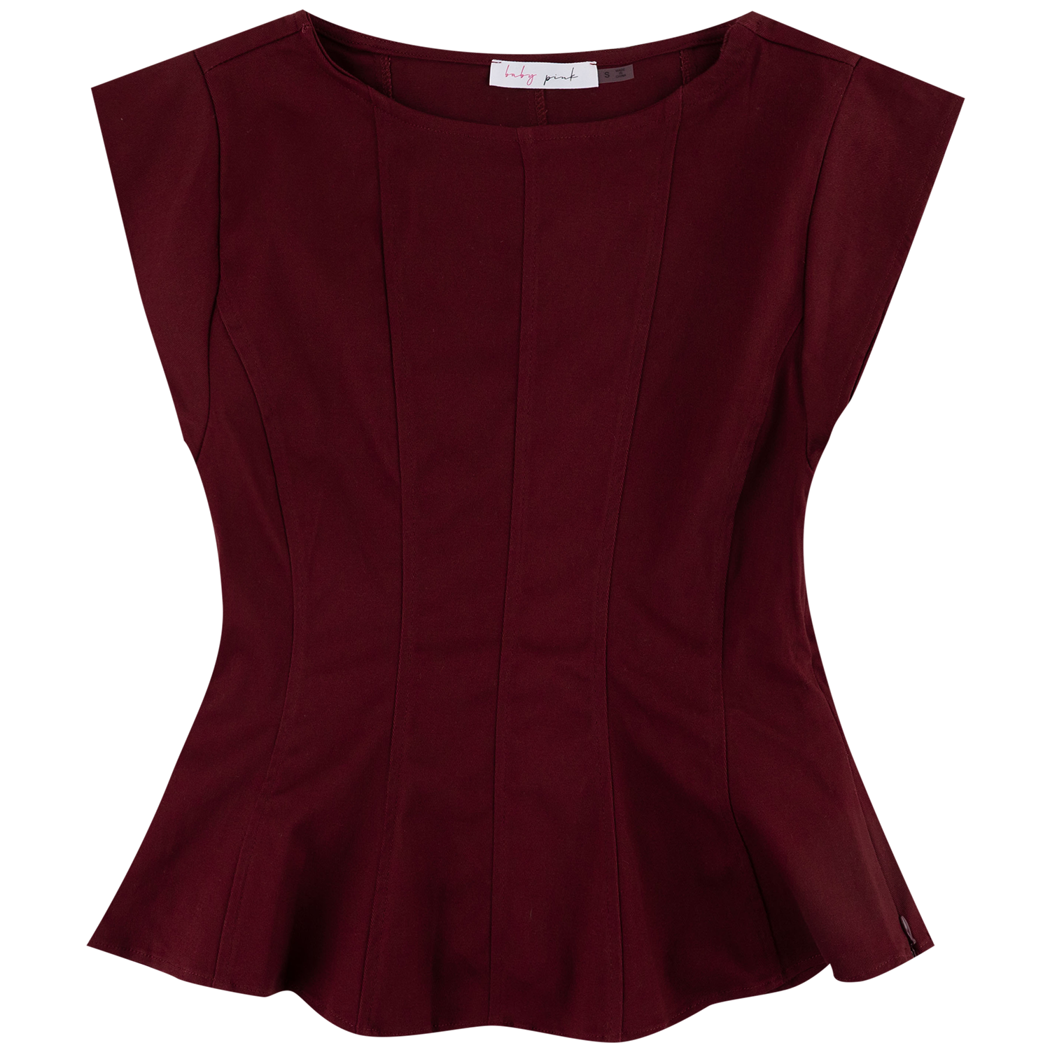A sleeveless peplum-style top in maroon, featuring structured shoulders, a round neckline, and vertical seam detailing on a plain white background.