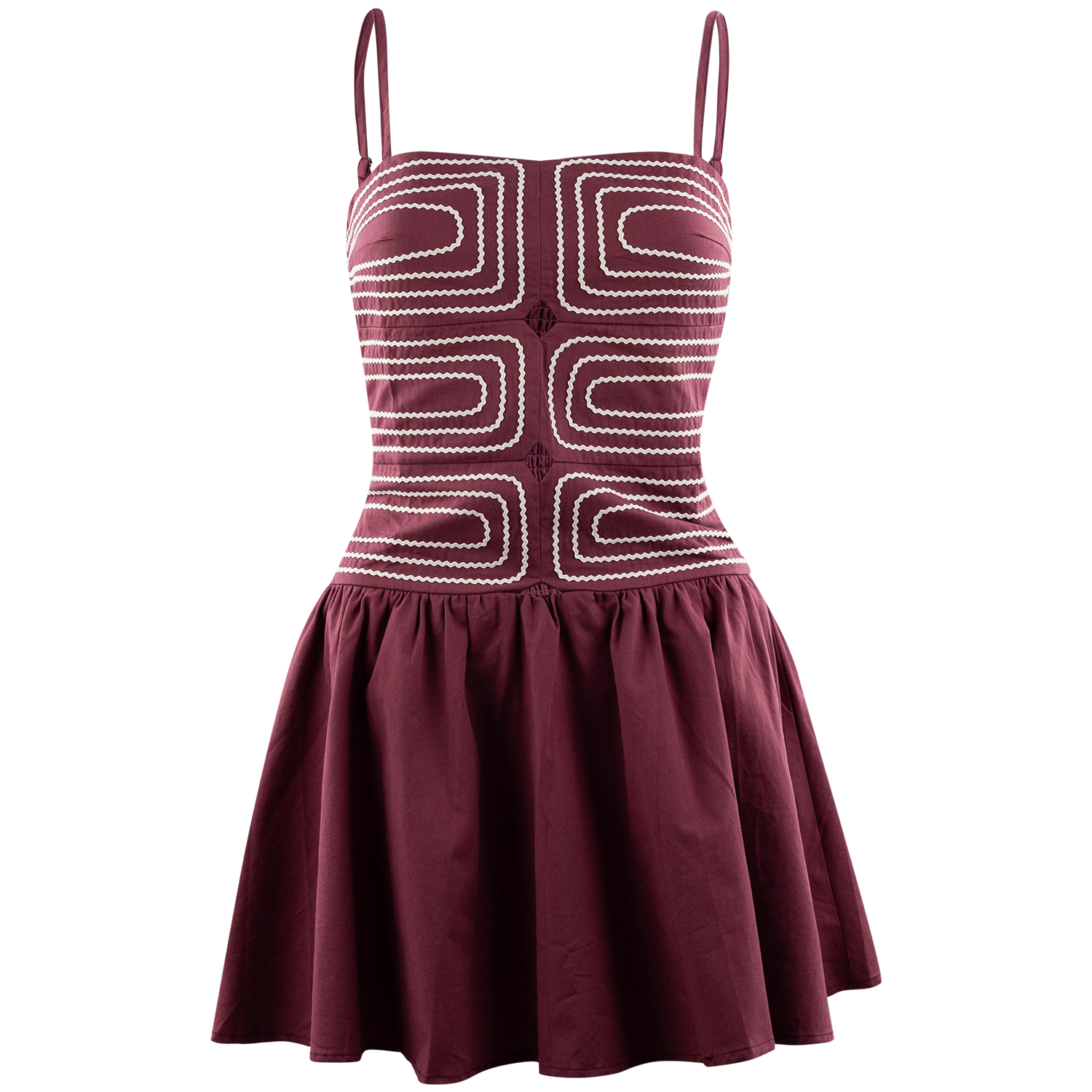Maroon sleeveless dress with spaghetti straps, a fitted embroidered bodice featuring white geometric detailing, small cut outs, and a flared skirt.