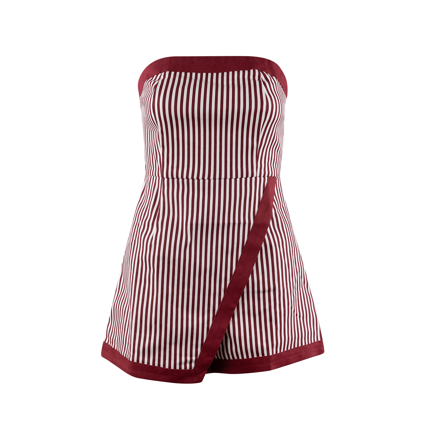 A strapless tube top with vertical red and white stripes and solid burgundy trim, shown against a plain white background.