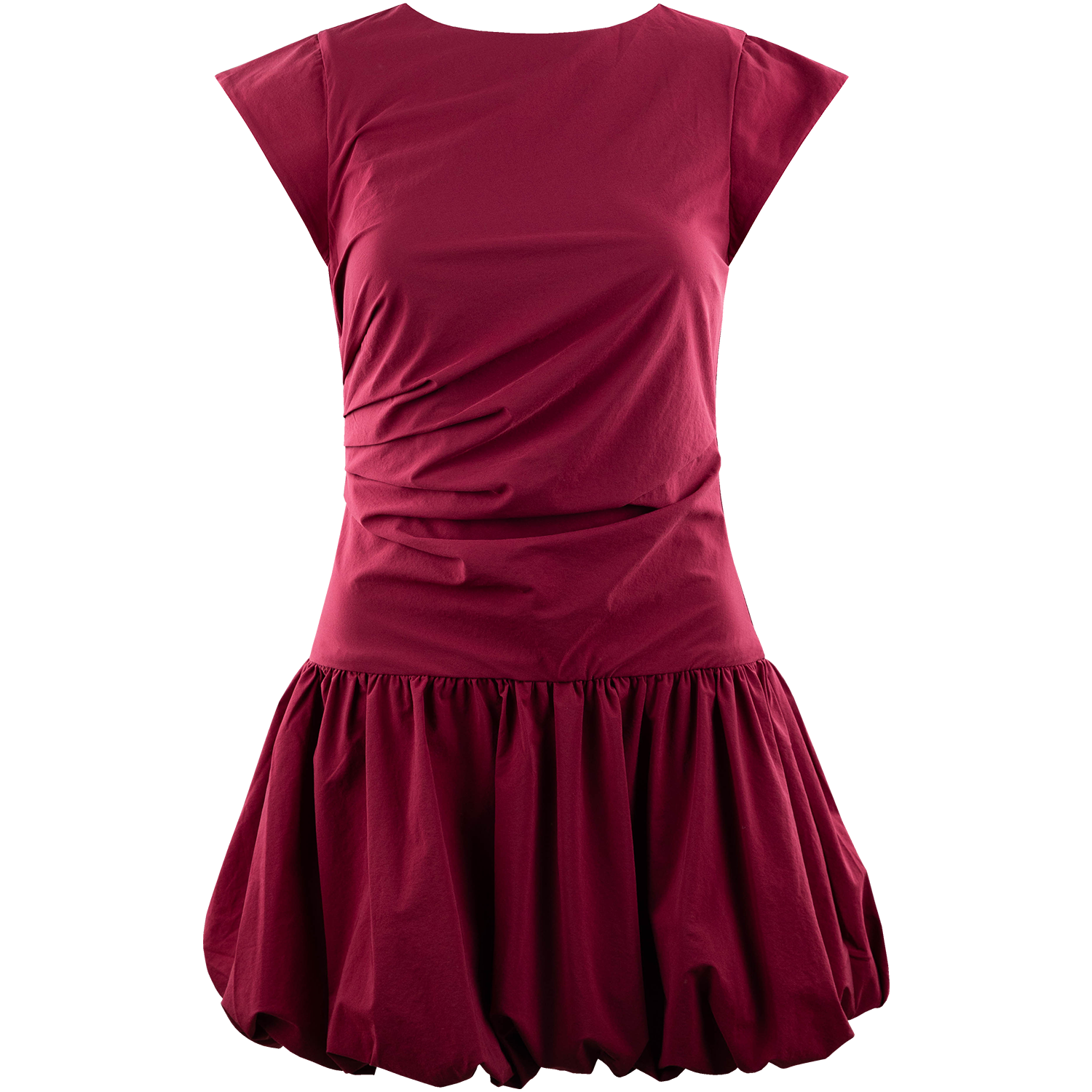 Burgundy short-sleeve dress featuring a fitted ruched bodice and voluminous gathered skirt with a rounded bubble hem.