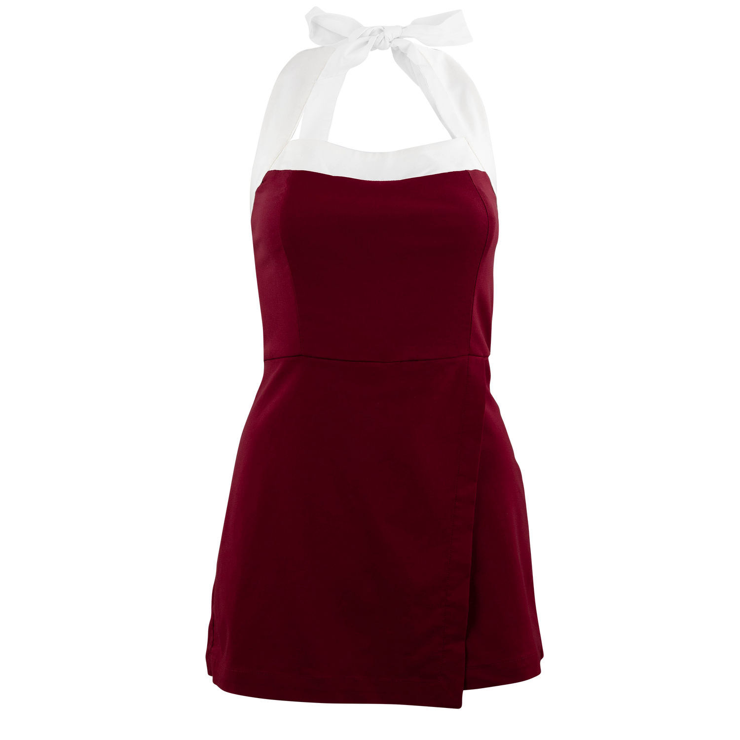 Maroon dress with a white halter top 