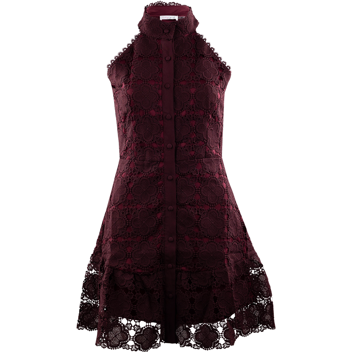 Burgundy sleeveless button-front dress featuring an intricate floral lace overlay, high neckline, fitted waist, and flared hem with scalloped lace detailing.