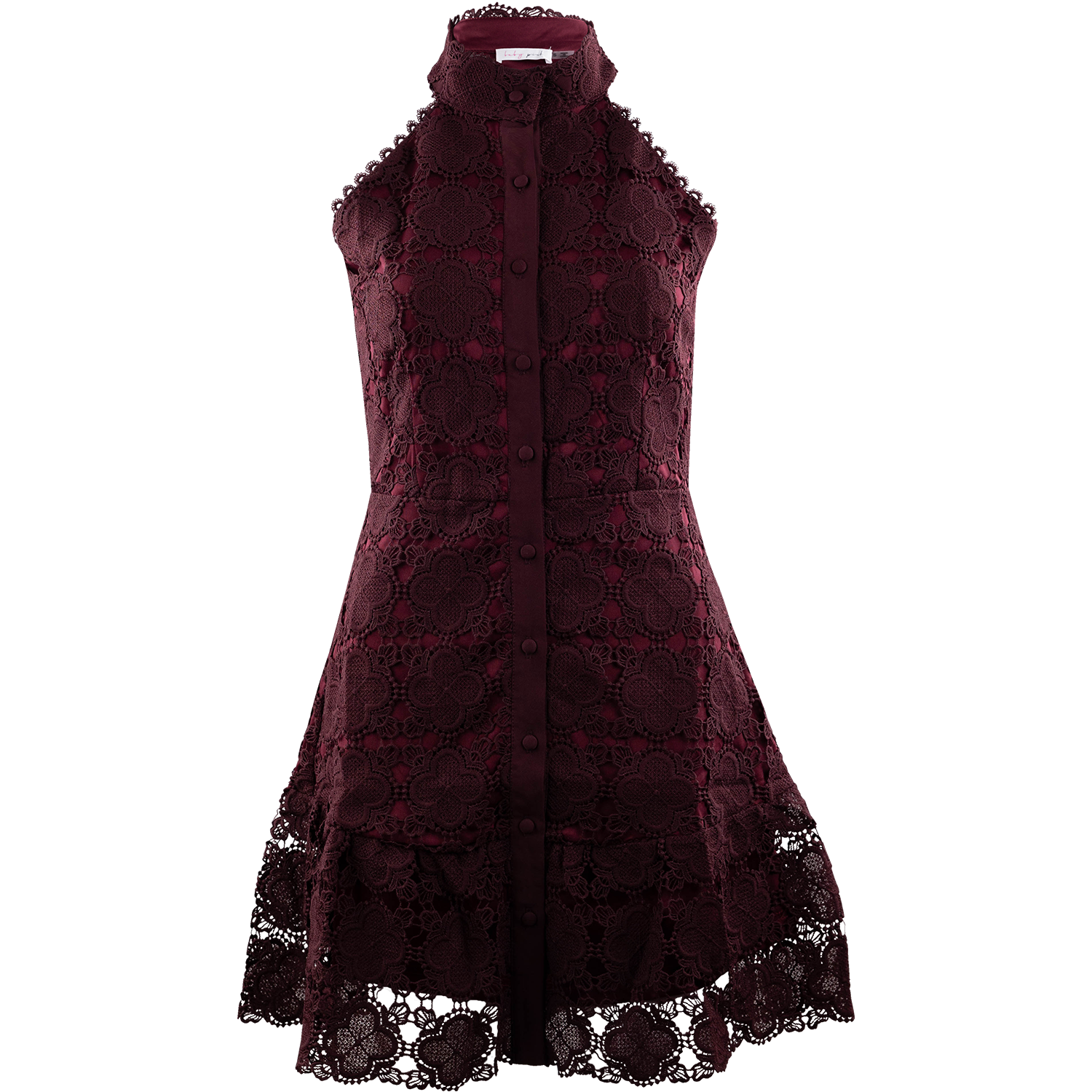 Burgundy sleeveless button-front dress featuring an intricate floral lace overlay, high neckline, fitted waist, and flared hem with scalloped lace detailing.