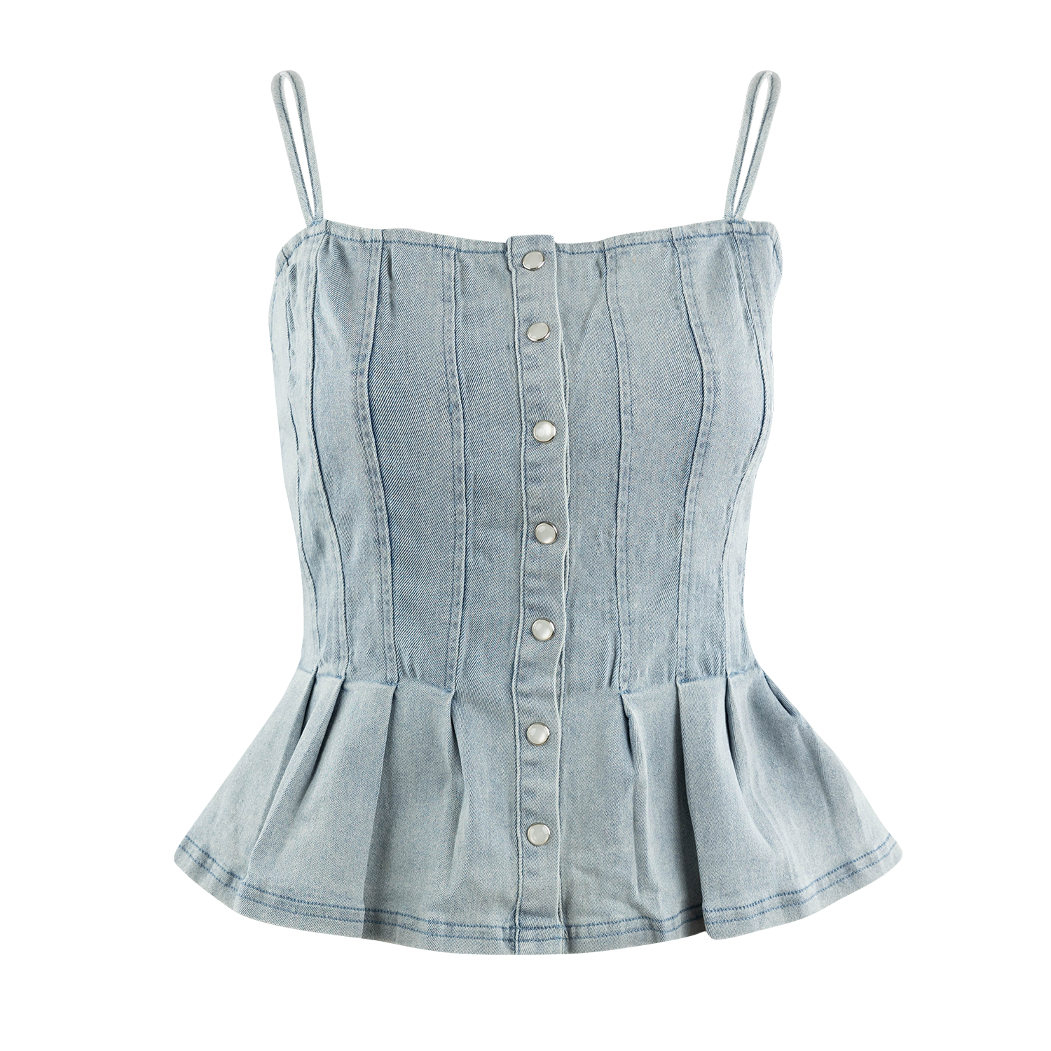 A light blue denim camisole top with thin spaghetti straps, a structured corset-style front, a vertical row of white buttons, and a flared ruffled hem, shown on a plain white background.