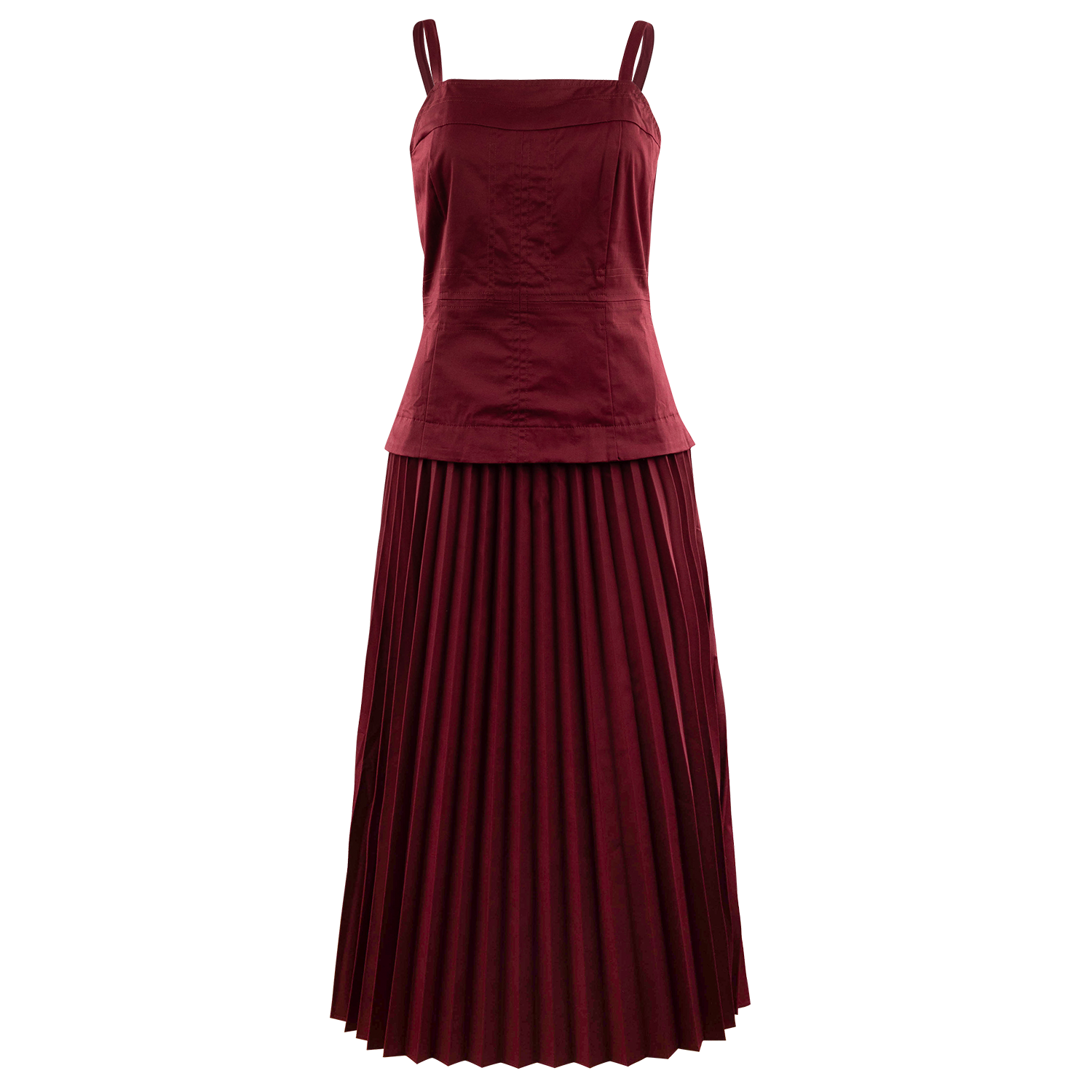 A sleeveless burgundy midi dress with a drop waist, structured bodice, thin shoulder straps, and a long pleated skirt, shown against a plain white background.