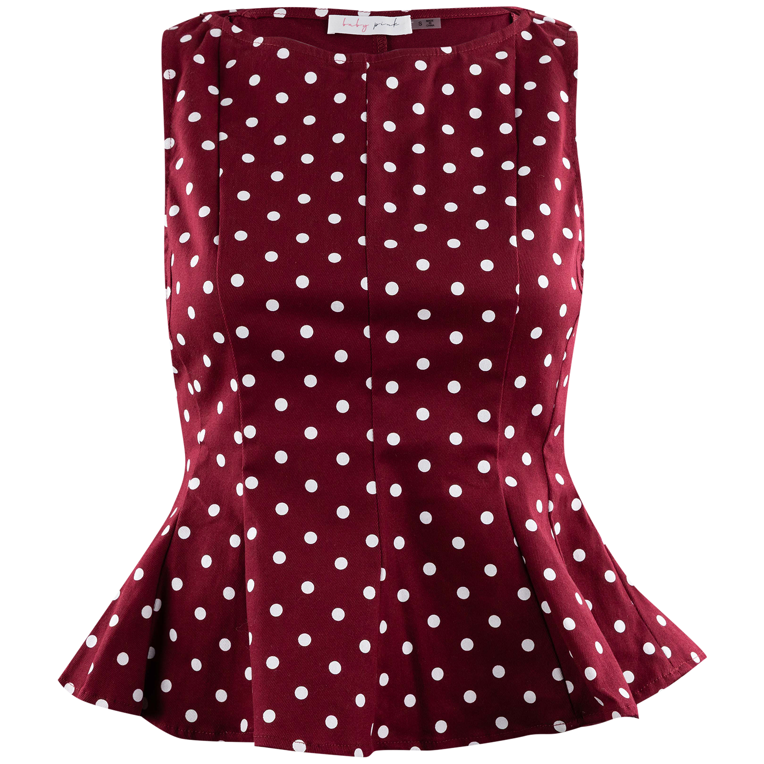 Burgundy sleeveless top with white polka dot print, fitted bodice with seaming detail, boat neckline, and flared peplum hem.