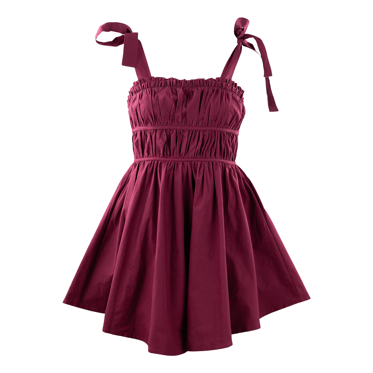 Maroon dress with tied straps and a ruched top.