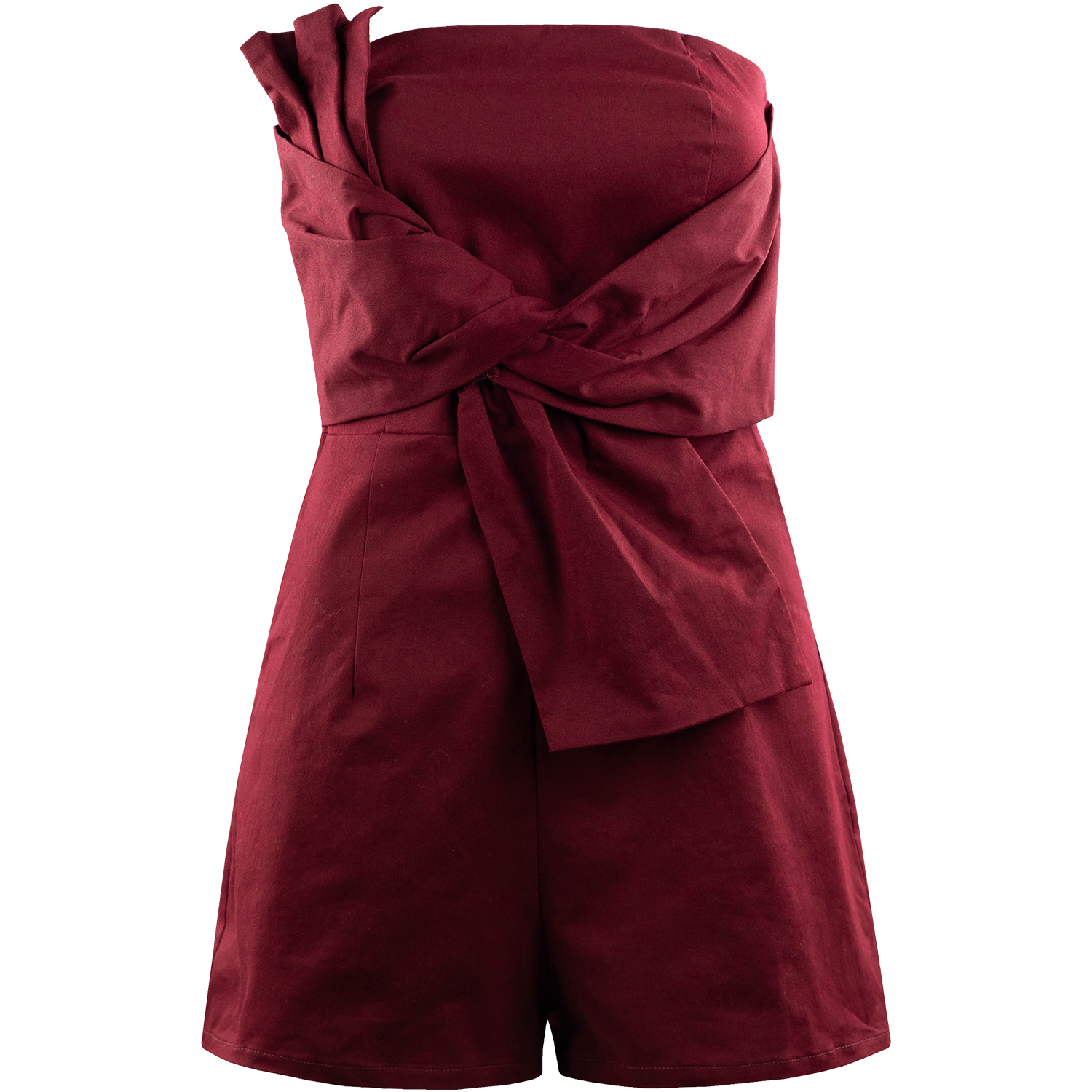 Maroon strapless romper featuring a twisted wrap-style bodice with a dramatic side bow and tailored shorts.